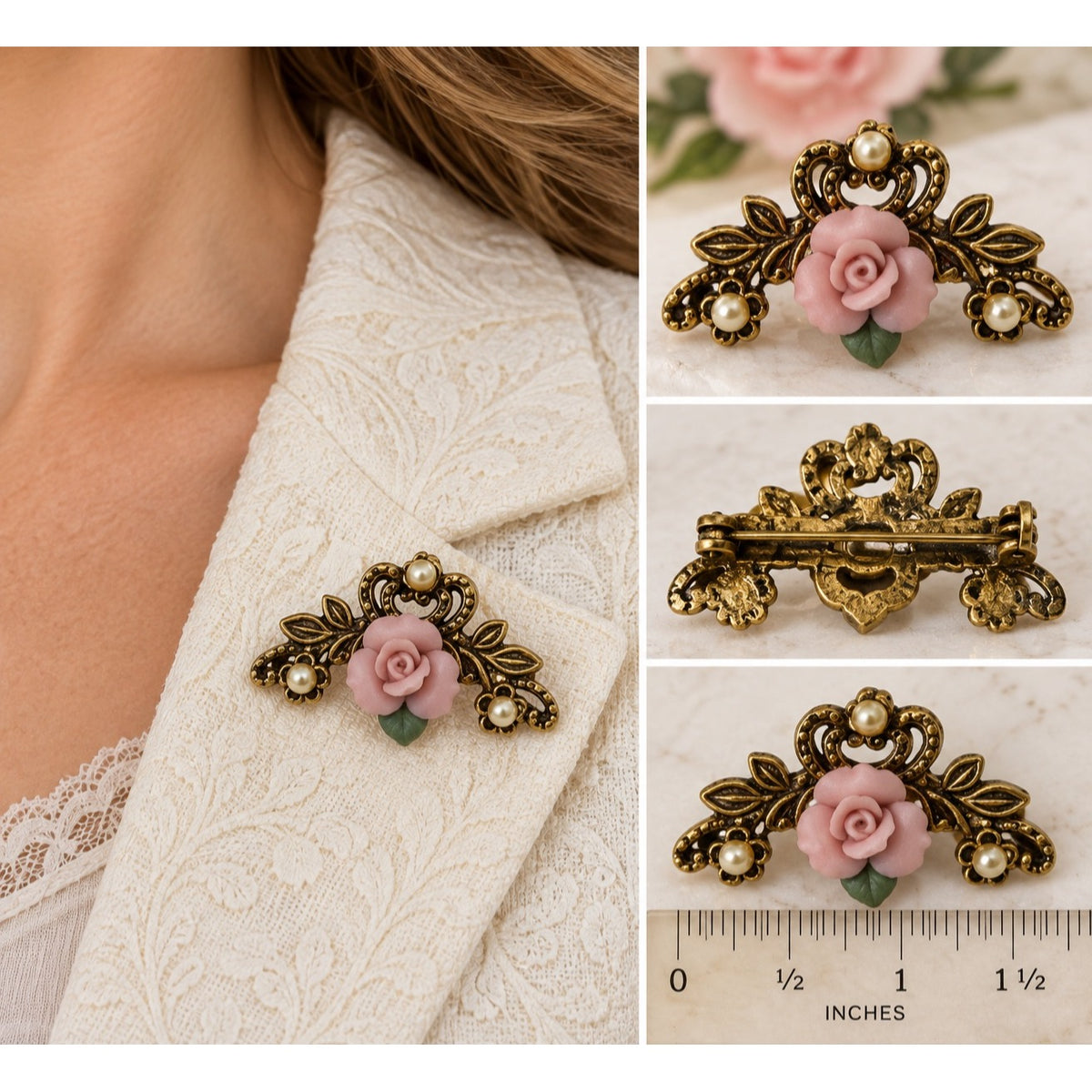 Vintage Pink Porcelain Rose Brooch Gold Tone Filigree Faux Pearl Victorian Revival 1.25 Inch