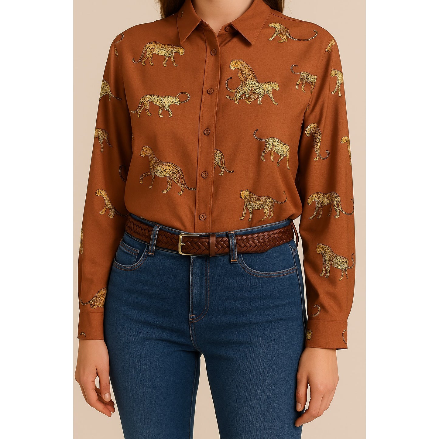 r2 Women’s XL Brown Satin Animal Print Button-Front Shirt – Cheetah Pattern – NWT