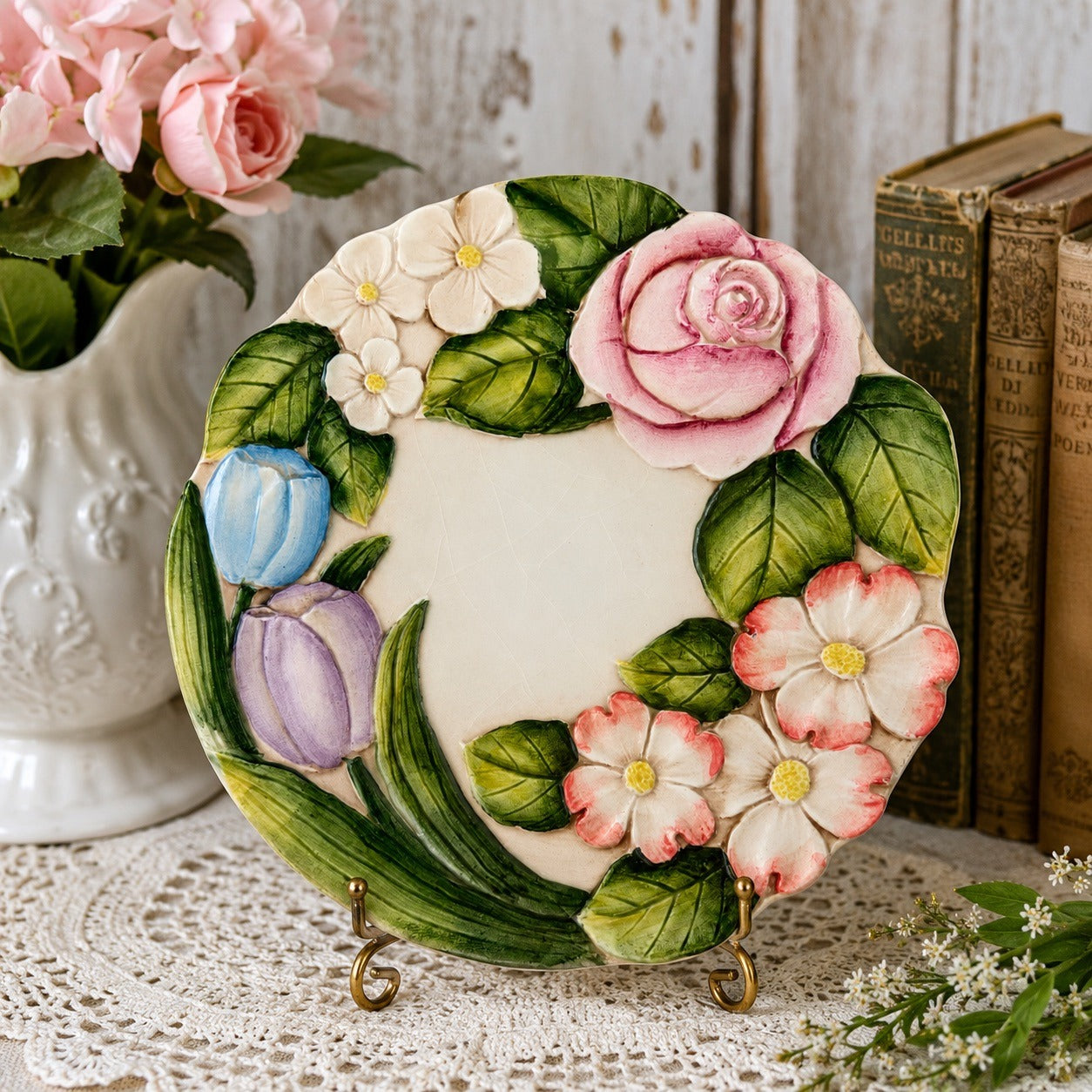Vintage Takahashi Hand Painted Floral Plate 8 Inch Raised Relief Rose Tulip Japan