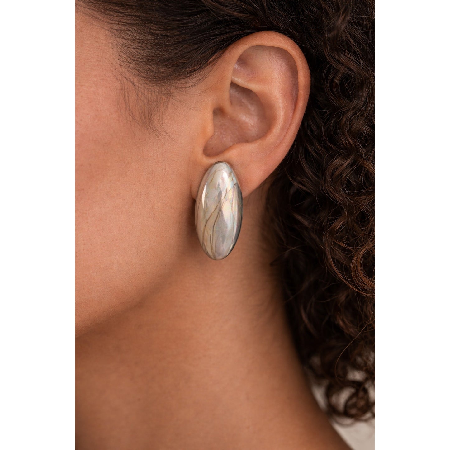 Vintage Iridescent Shell Stud Earrings Oval Mother of Pearl Look Silver Tone Retro