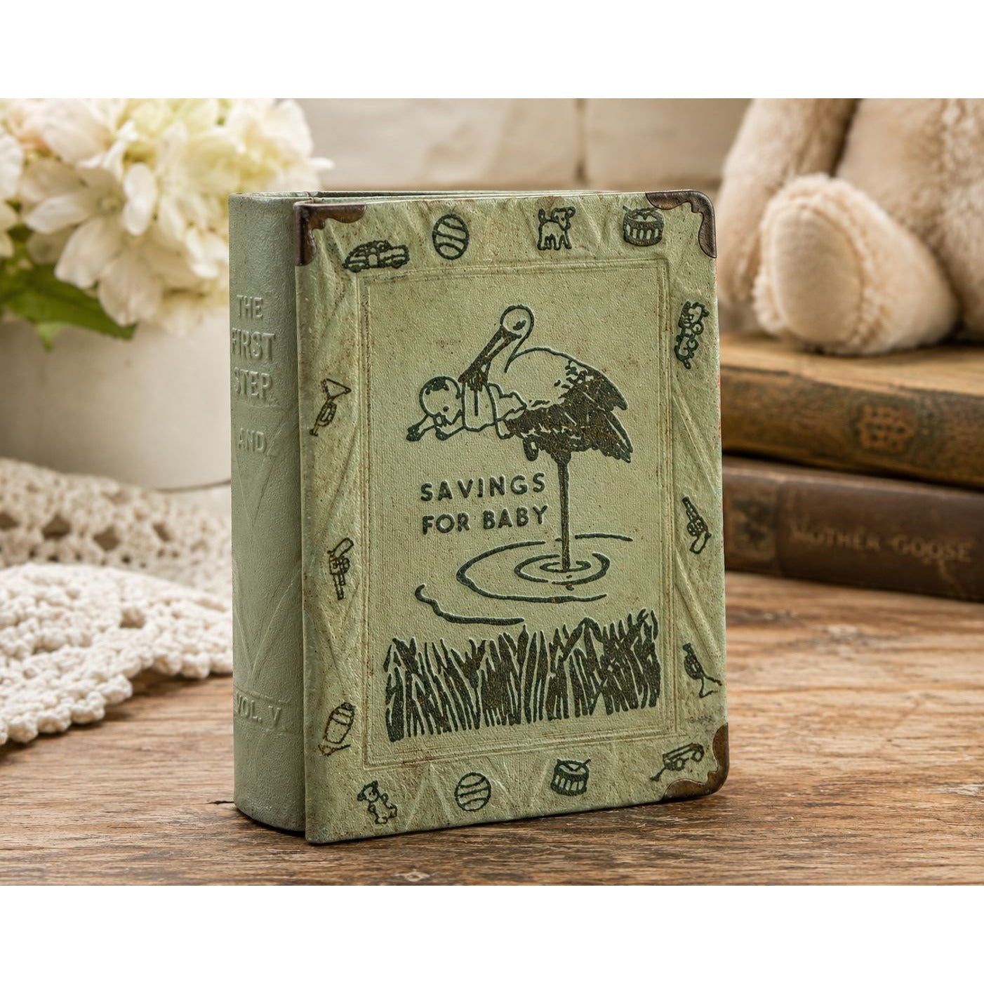 Vintage Savings For Baby Metal Book Coin Bank The Zell Co NY Stork Nursery