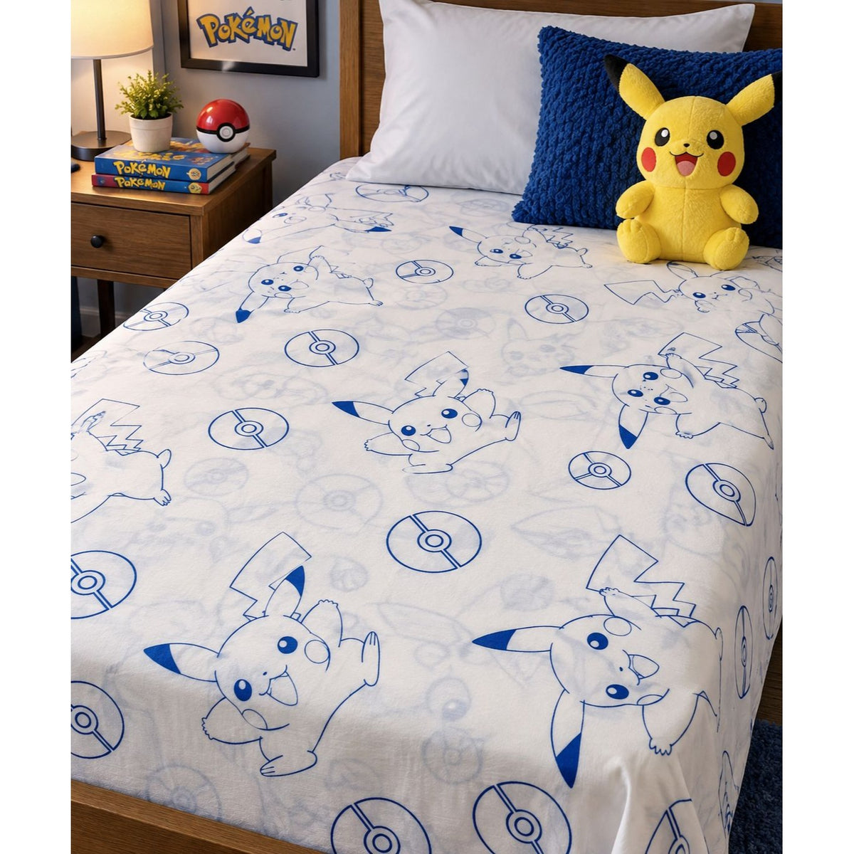 Pokémon Pikachu Twin Flat Sheet The Northwest White Blue Poké Ball