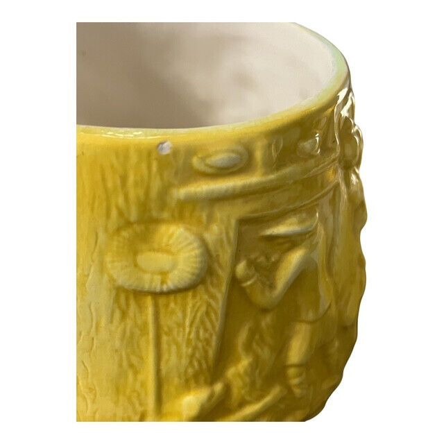 Vintage Ceramic Canister by Sande – Bas-Relief Colonial Tavern Scene with Horseback Rider – Light Mustard Yellow – Mid-Century