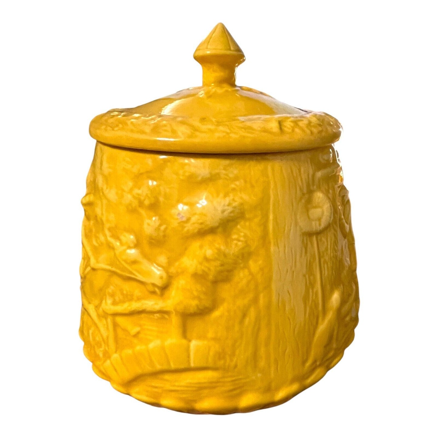 Vintage Ceramic Canister by Sande – Bas-Relief Colonial Tavern Scene with Horseback Rider – Light Mustard Yellow – Mid-Century