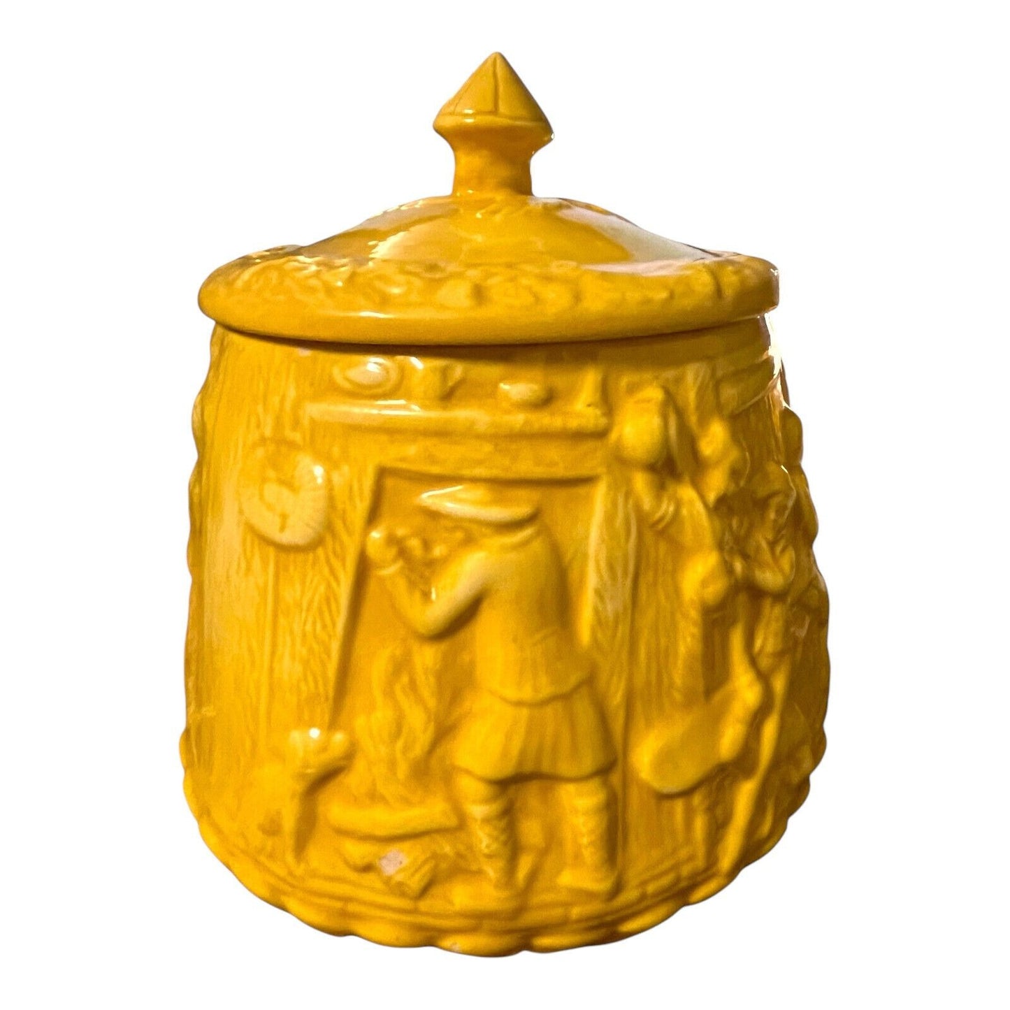 Vintage Ceramic Canister by Sande – Bas-Relief Colonial Tavern Scene with Horseback Rider – Light Mustard Yellow – Mid-Century