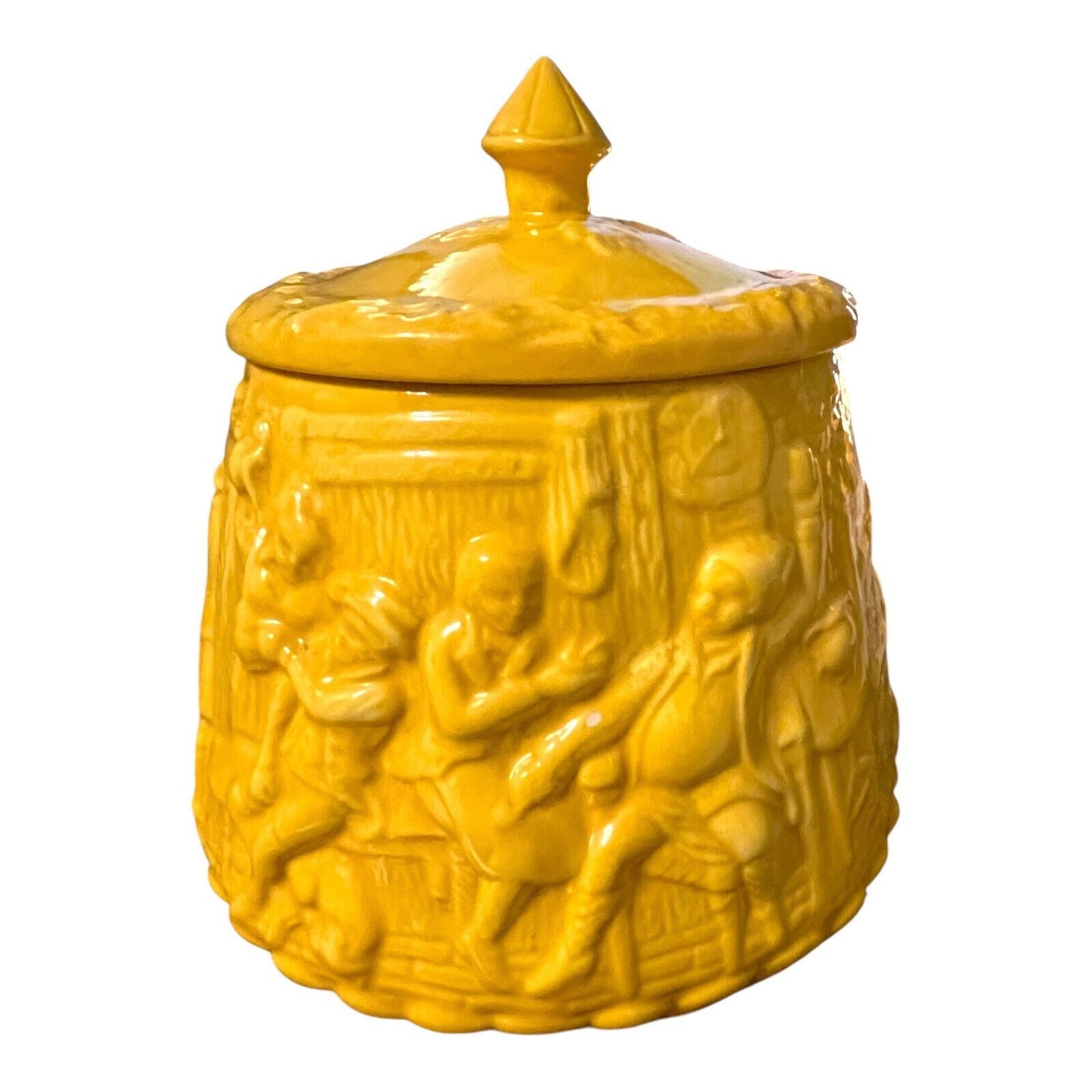 Vintage Ceramic Canister by Sande – Bas-Relief Colonial Tavern Scene with Horseback Rider – Light Mustard Yellow – Mid-Century