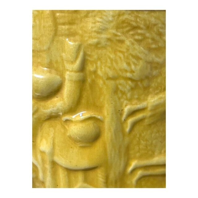 Vintage Ceramic Canister by Sande – Bas-Relief Colonial Tavern Scene with Horseback Rider – Light Mustard Yellow – Mid-Century