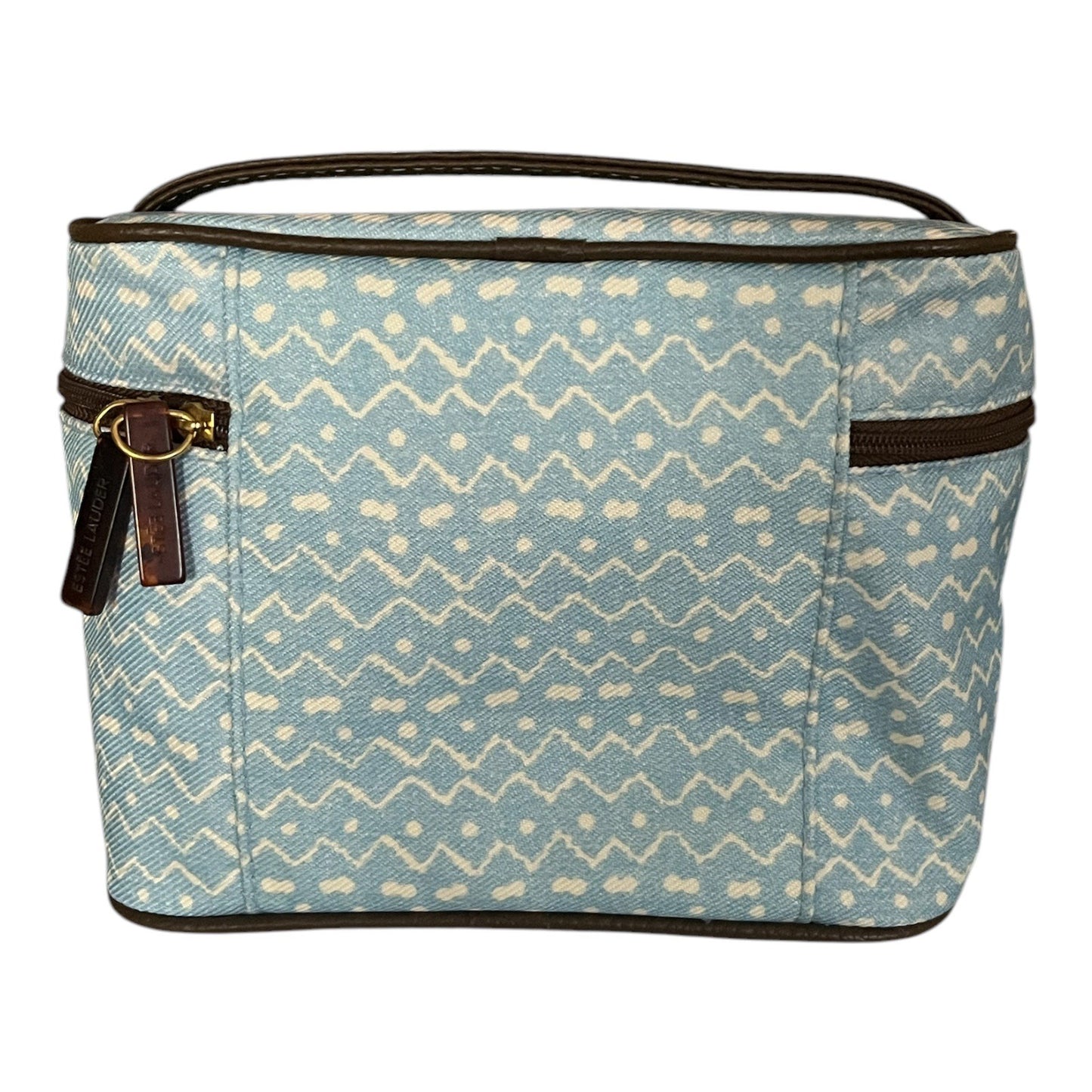 Vtg Estée Lauder Blue White Zigzag Cosmetic Travel Bag with Brown Trim