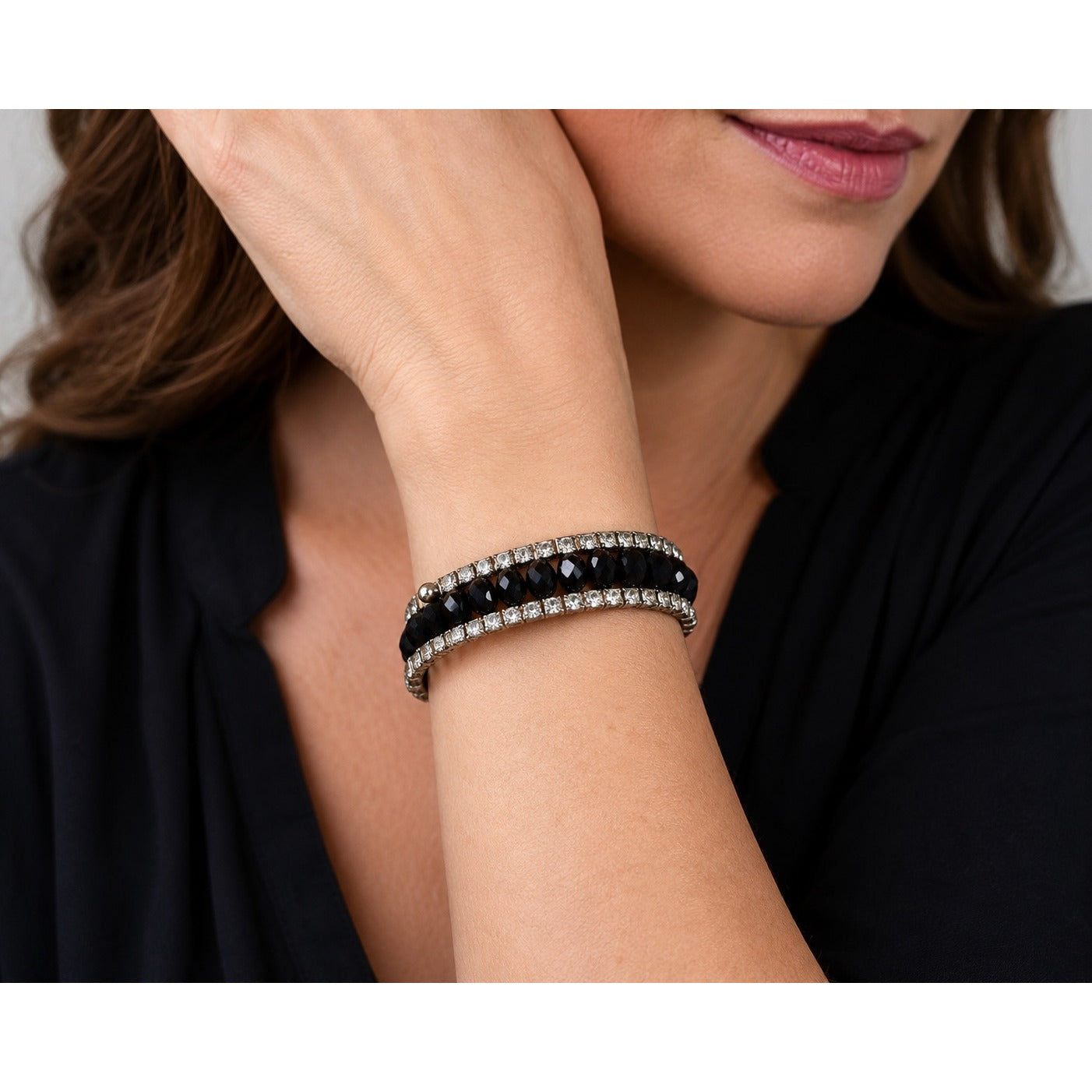 Vintage Black Faceted Bead & Clear Rhinestone Wrap Coil Bracelet Silver Tone