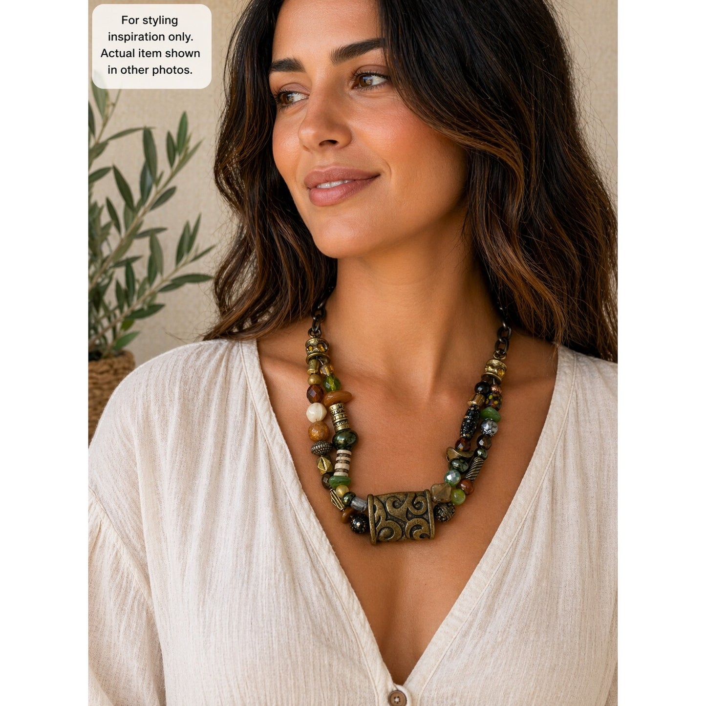 Chico’s Chunky Beaded Statement Necklace Mixed Materials Boho Earth Tone 16”