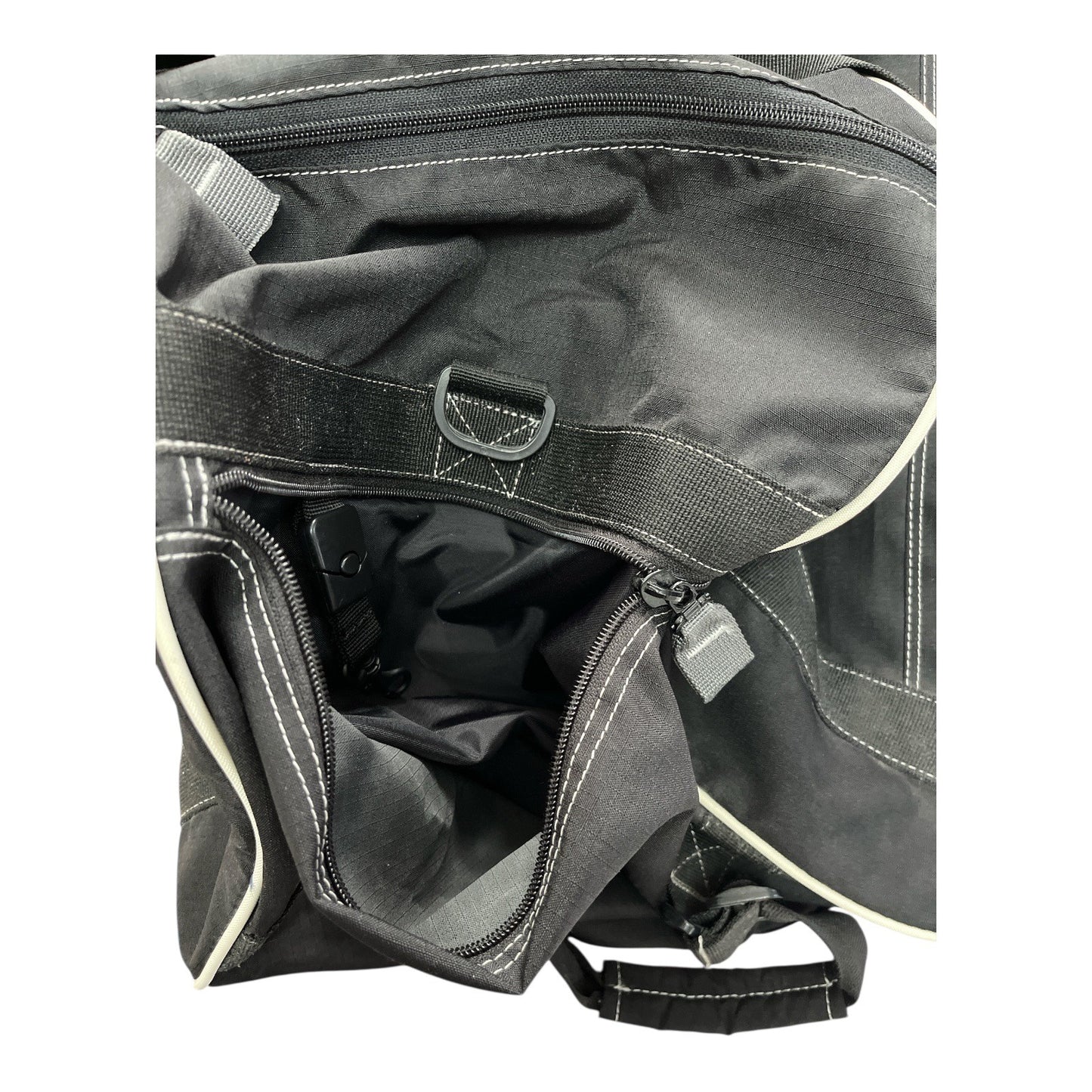 New Balance 30" Rolling Duffel Bag – Black with White Trim, 3 Mesh Pockets, Side Zippers