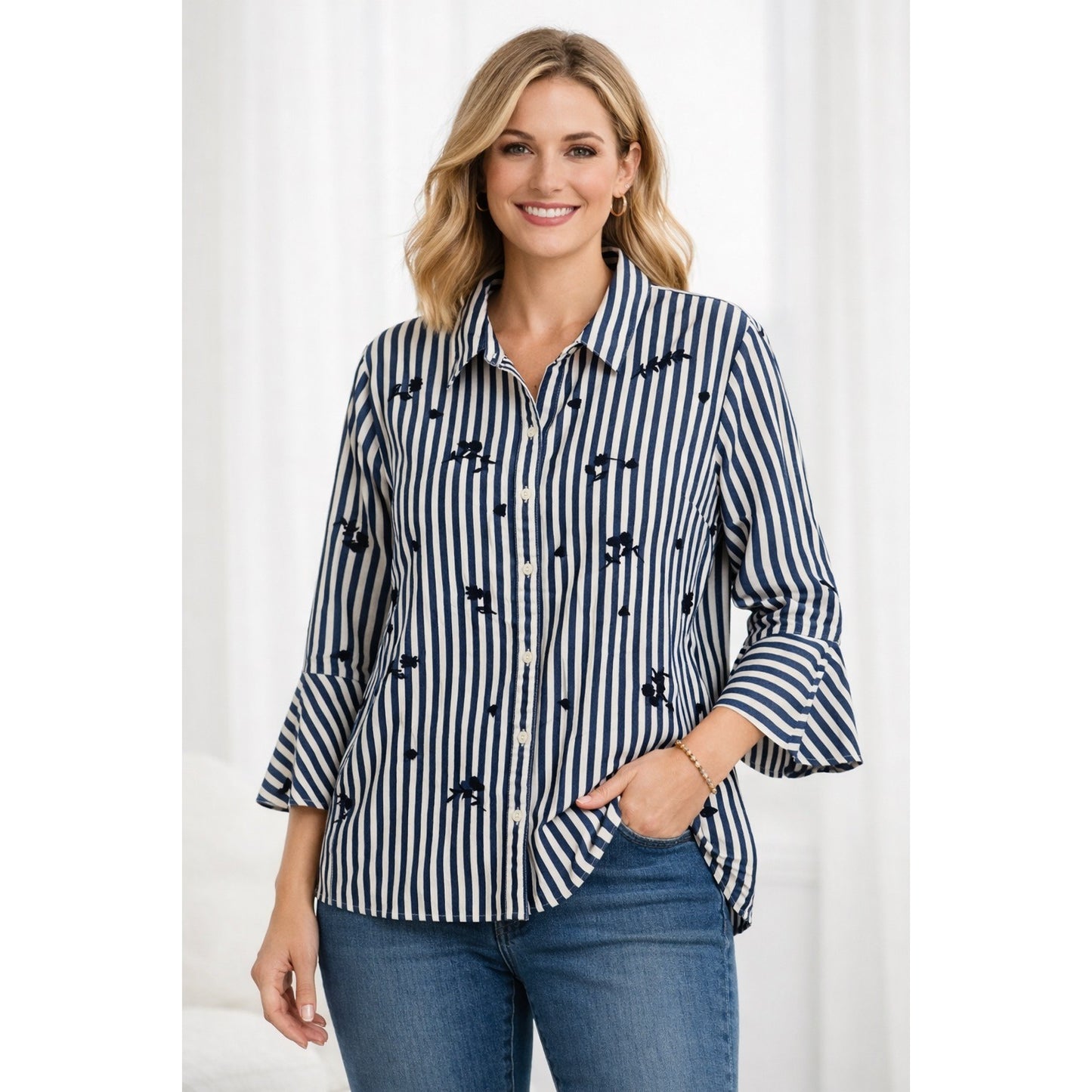 Charter Club Striped Embroidered Cotton Button Front Shirt Size 16 Relaxed Fit