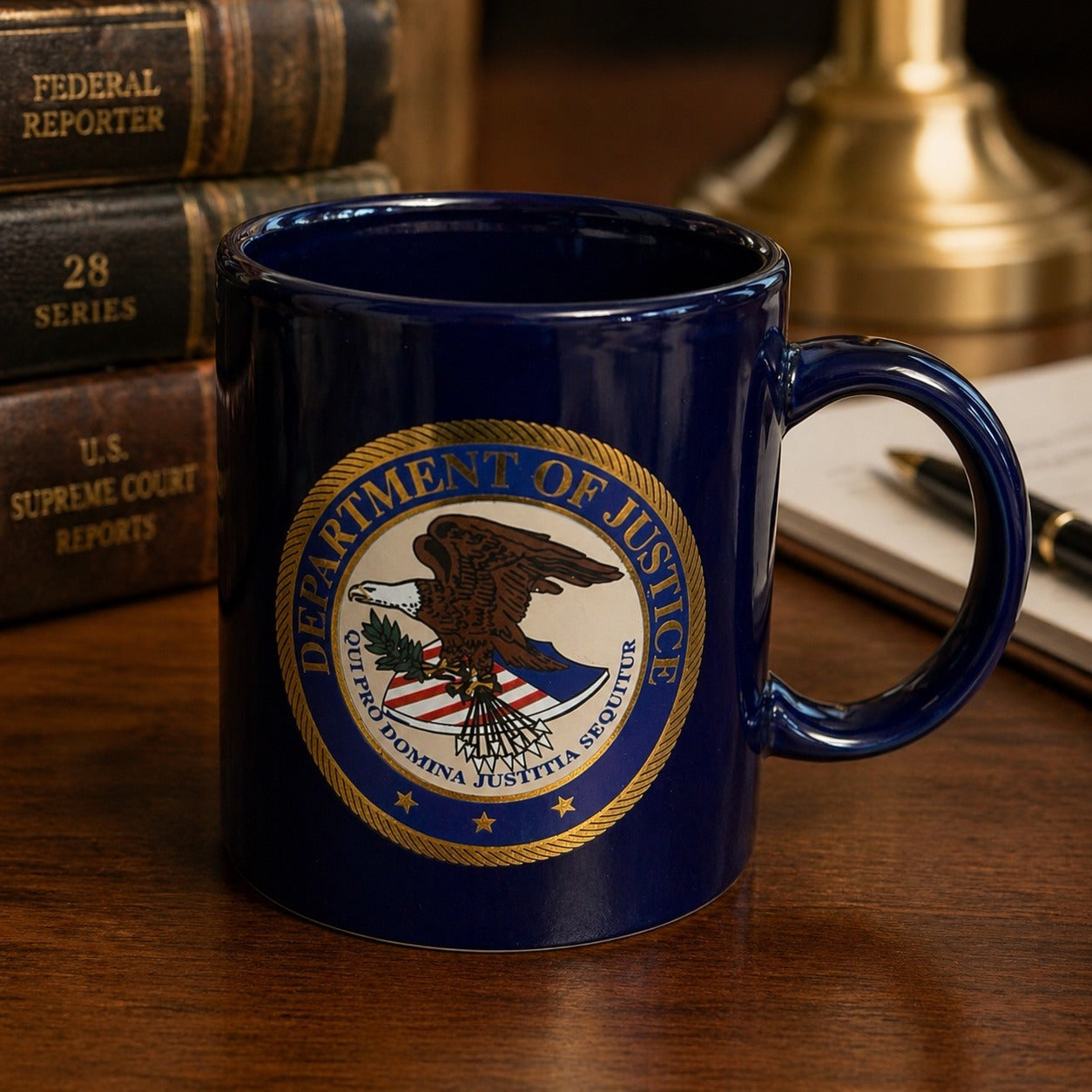 Department of Justice Seal Navy Blue Coffee Mug DOJ Eagle Emblem Ceramic Cup