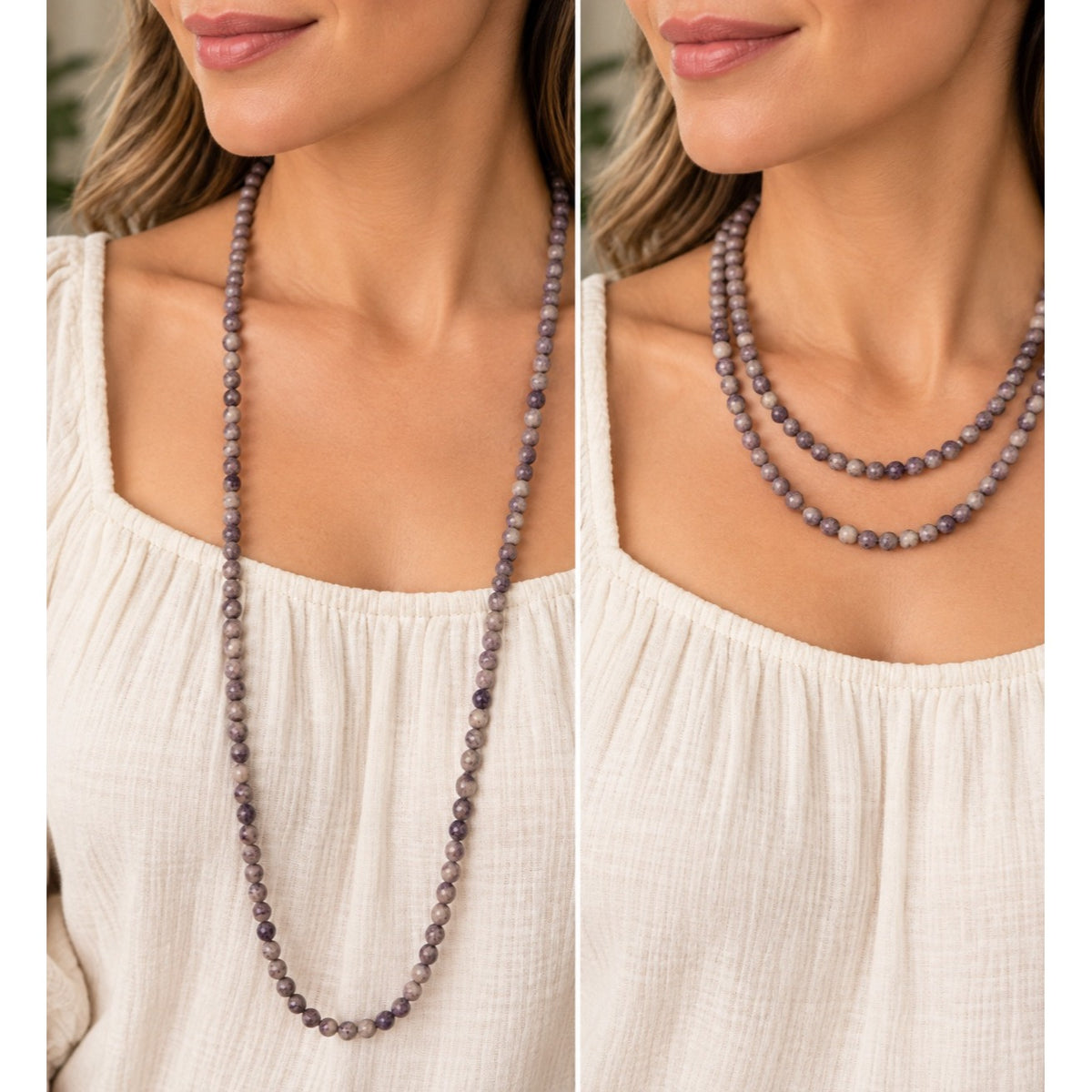 Long Purple Lepidolite Natural Stone Bead Necklace 32" Endless Strand