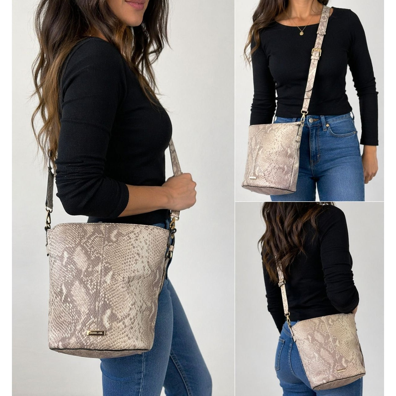 Rachel Zoe Snakeskin Embossed Crossbody Bag Beige Gold Tone Hardware