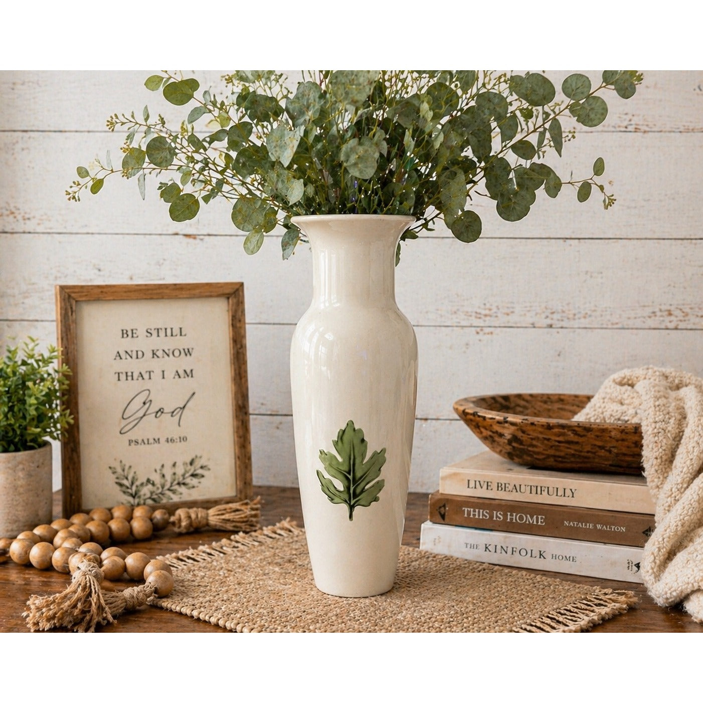 Damon Wood Stoneware Vase Cream Glaze Green Leaf Rustic Farmhouse Decor