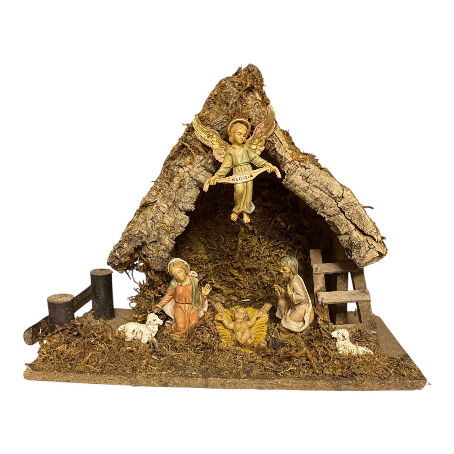 Vintage Italian Nativity Set – Bark Roof Manger Scene with Holy Family & Gloria Angel – 1980s Christmas Crèche – Made in Italy, 12x9x7