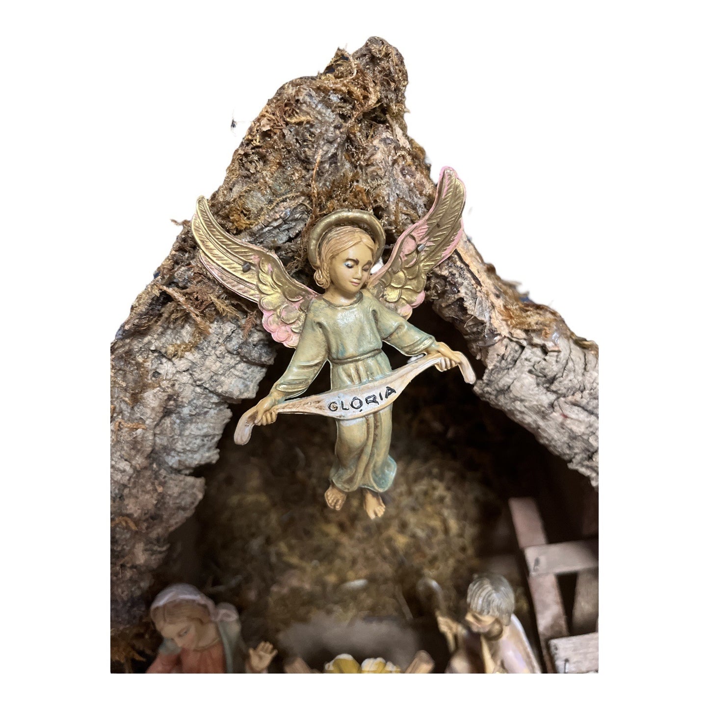 Vintage Italian Nativity Set – Bark Roof Manger Scene with Holy Family & Gloria Angel – 1980s Christmas Crèche – Made in Italy, 12x9x7