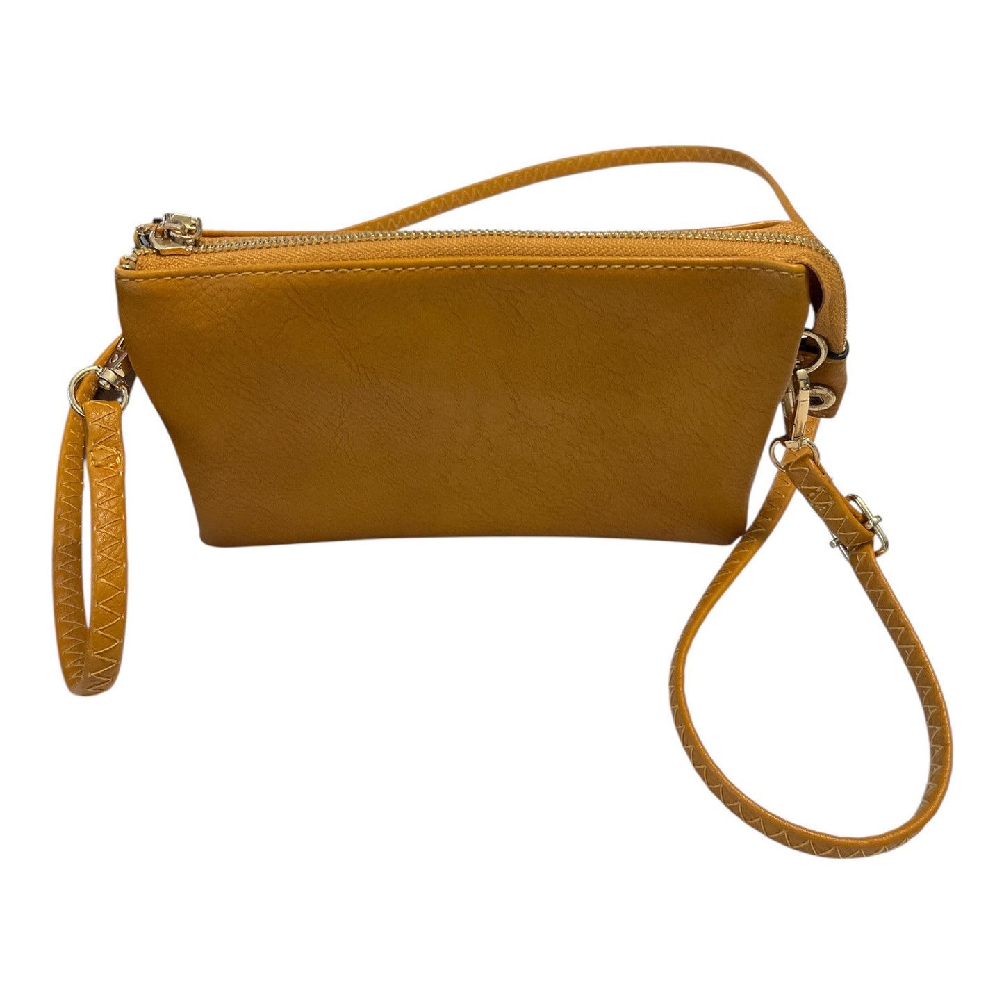Jen & Co. Mustard Yellow Faux Leather Crossbody Wristlet Bag | Dual Zip | Gold Hardware