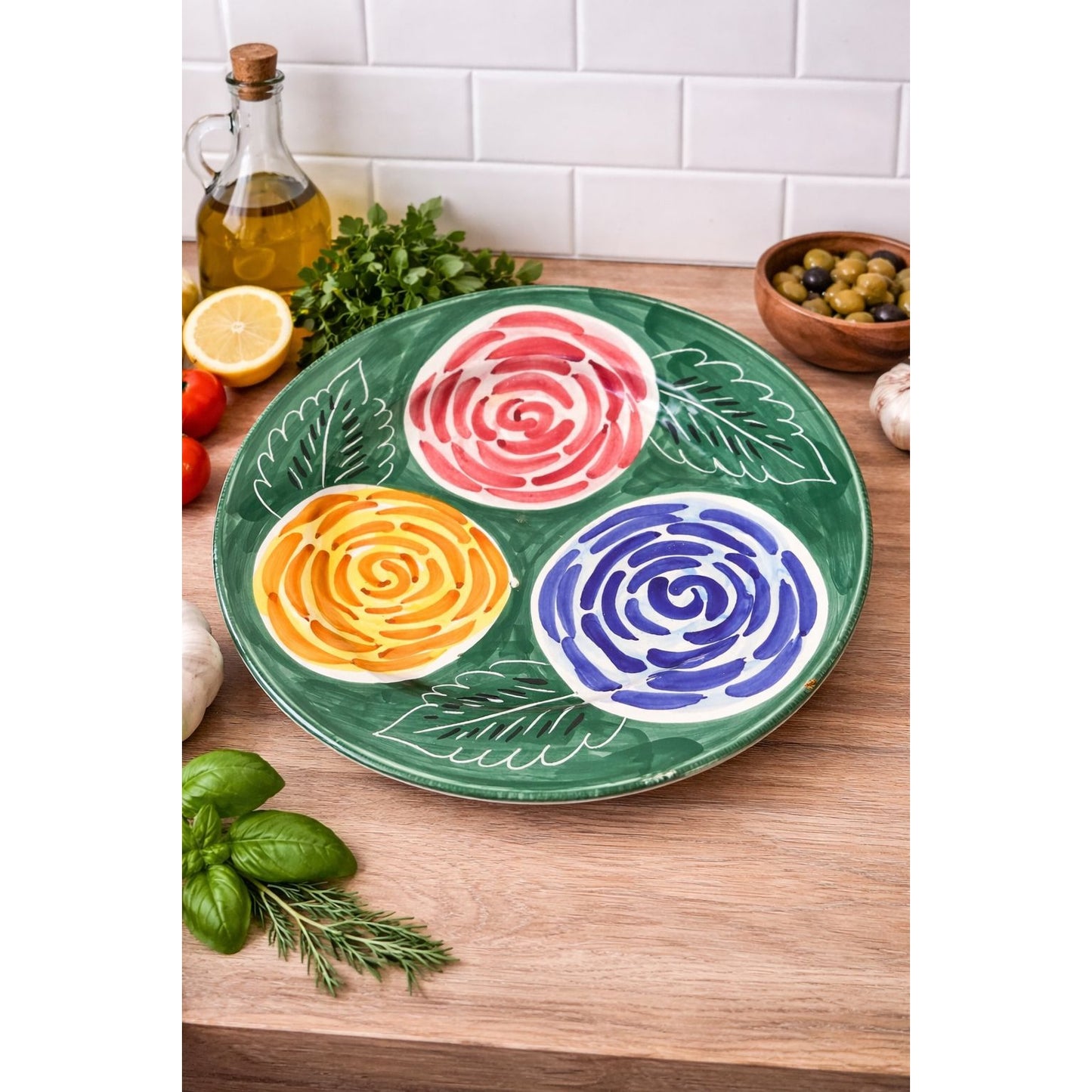 Pier 1 Imports Hand Painted Italian Ceramic Platter 13 Inch Floral Green Italy