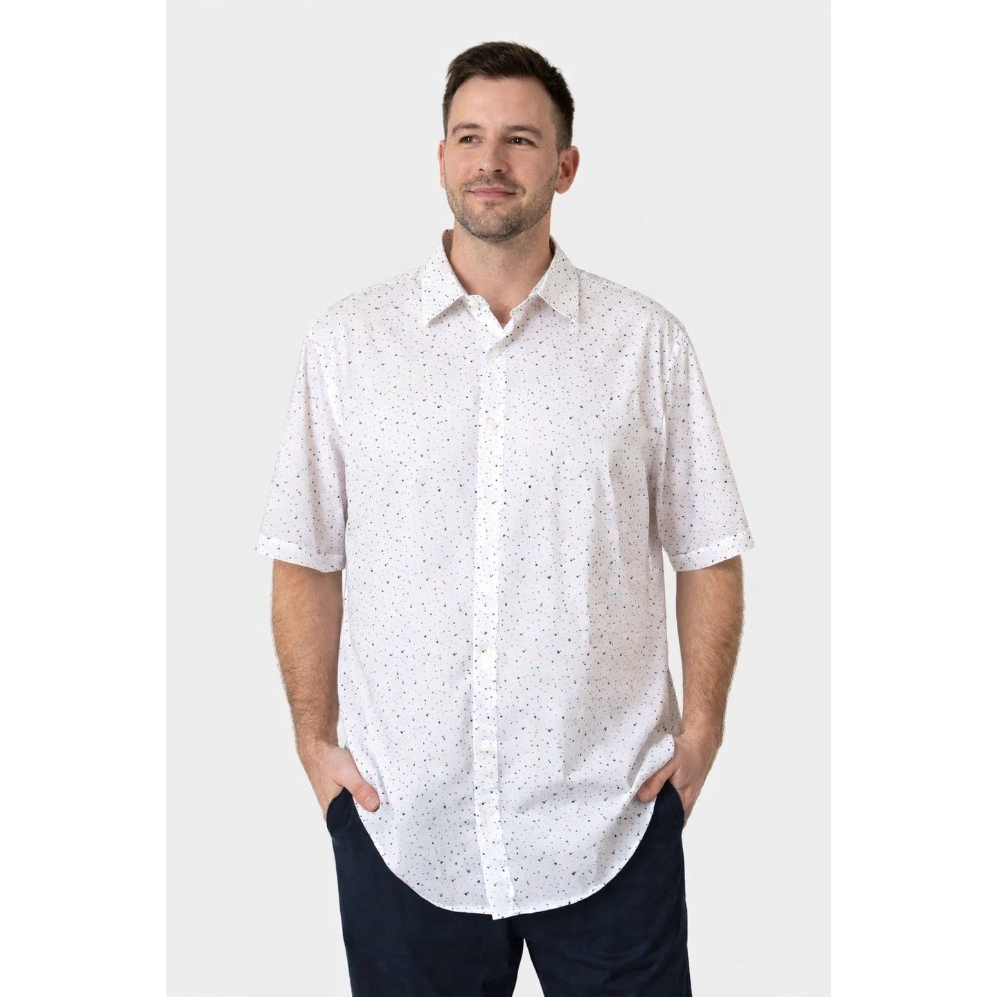 Perry Ellis Stretch Button Front Shirt XXL White Blue Red Dot NWT Cotton Blend