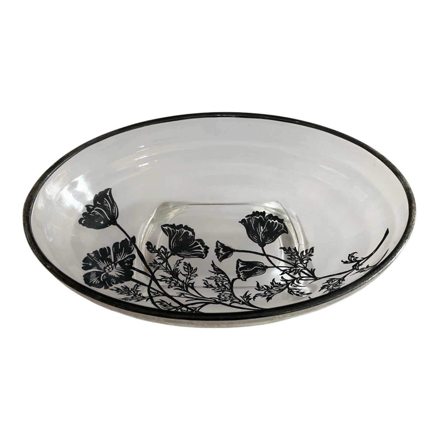 Vintage 1950s Silver Overlay Oval Bowl – Floral Design, Aged Patina, Tiny Flaws – 10x7