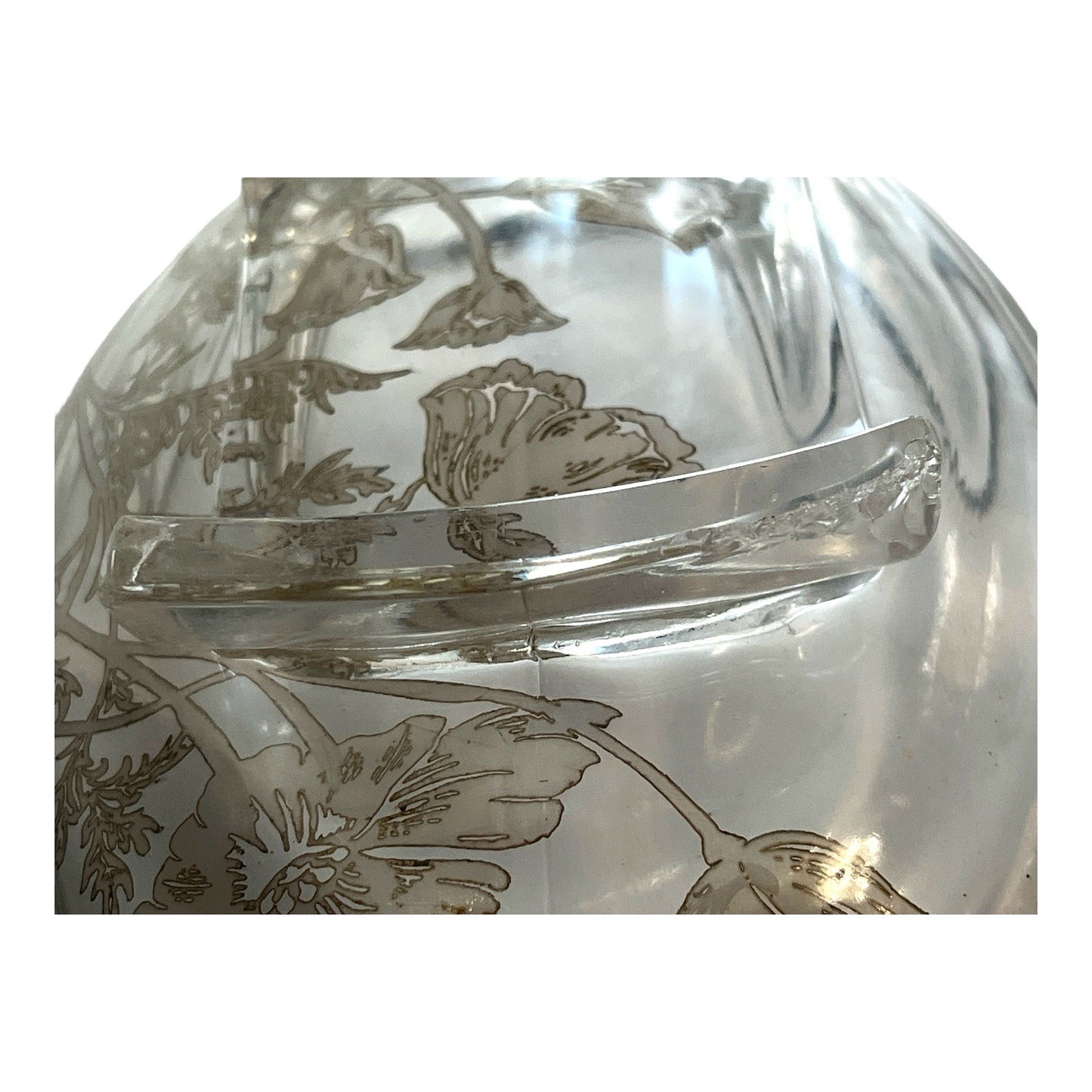 Vintage 1950s Silver Overlay Oval Bowl – Floral Design, Aged Patina, Tiny Flaws – 10x7