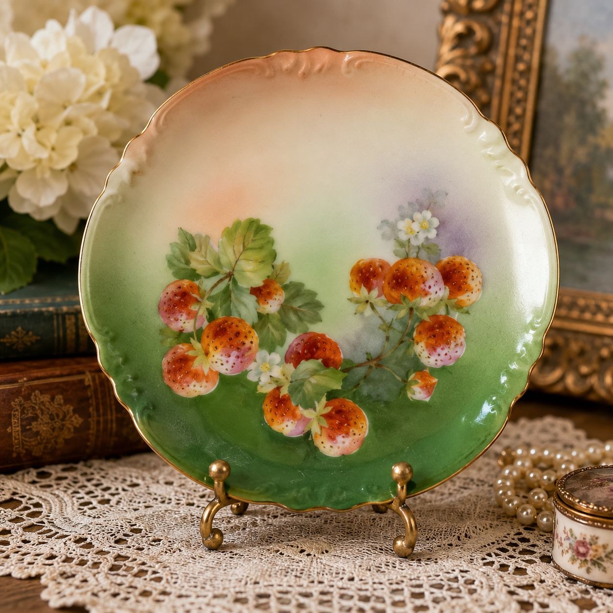Antique Eagle China Austria Hand Painted Strawberry Cabinet Plate 6 Inch