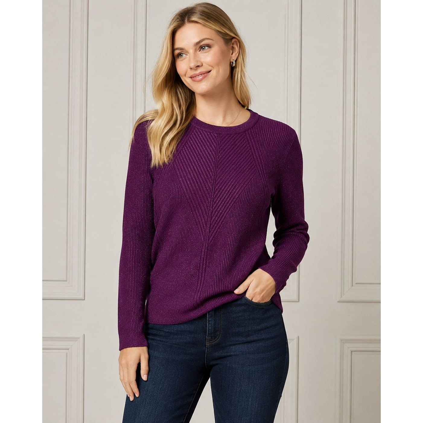 Nine West Women's Purple Ribbed Metallic Knit Sweater XL Long Sleeve Pullover