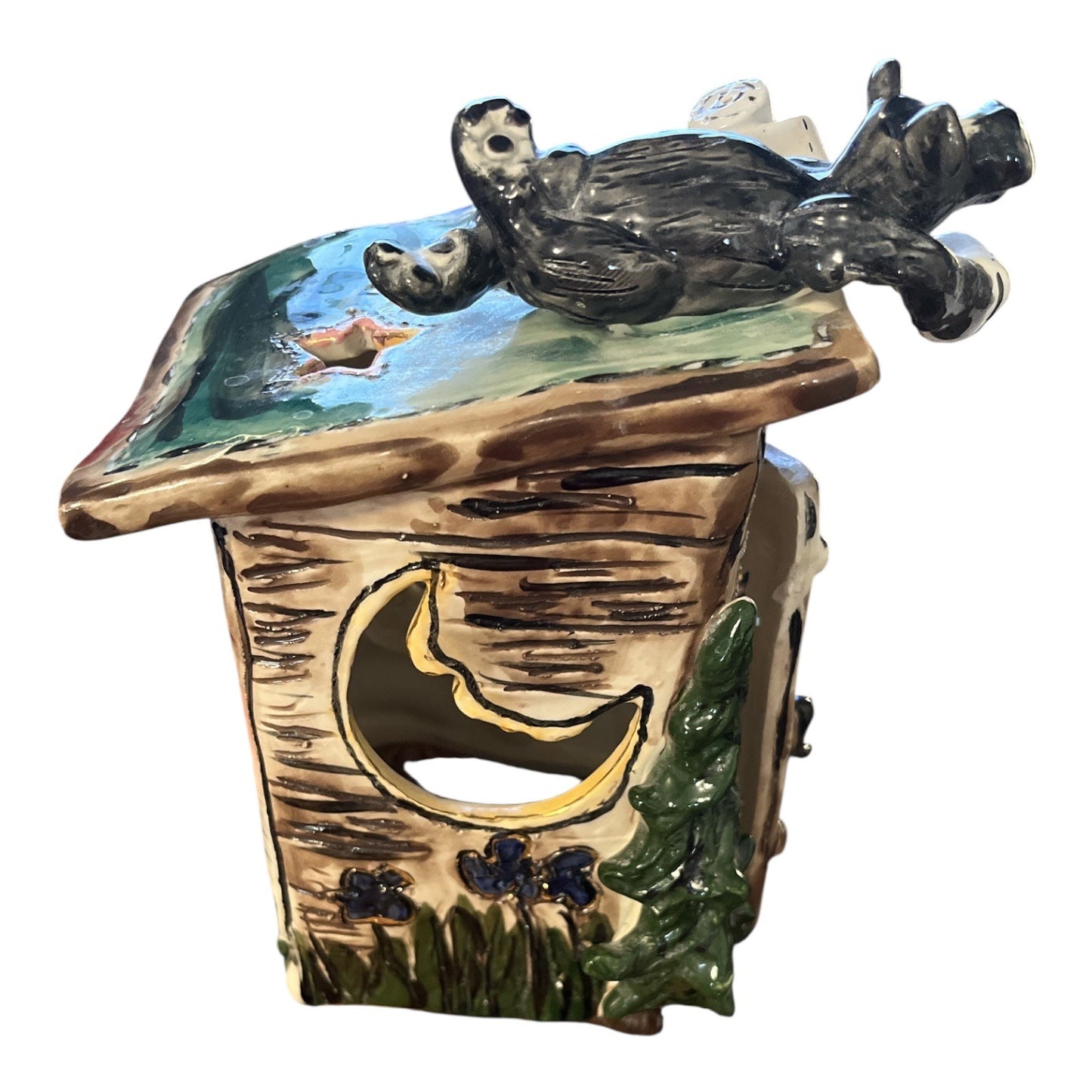 Blue Sky Clayworks Heather Goldminc Ceramic Outhouse Luminary – Hand-Painted Bear Figure – Rustic Cabin Decor – Early 2000s