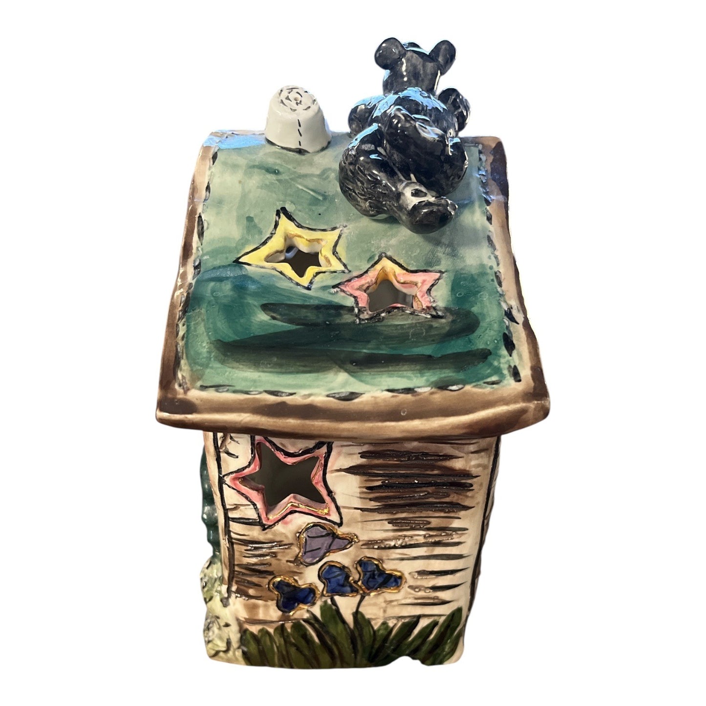 Blue Sky Clayworks Heather Goldminc Ceramic Outhouse Luminary – Hand-Painted Bear Figure – Rustic Cabin Decor – Early 2000s