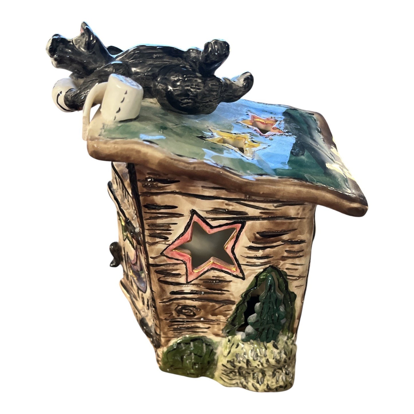 Blue Sky Clayworks Heather Goldminc Ceramic Outhouse Luminary – Hand-Painted Bear Figure – Rustic Cabin Decor – Early 2000s
