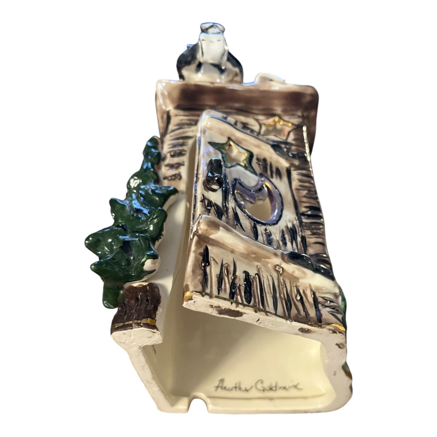 Blue Sky Clayworks Heather Goldminc Ceramic Outhouse Luminary – Hand-Painted Bear Figure – Rustic Cabin Decor – Early 2000s