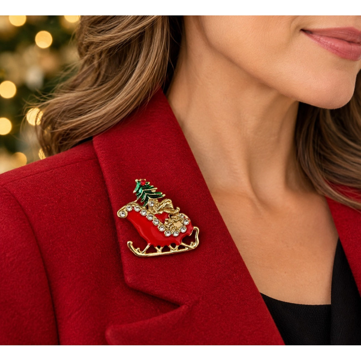 Vintage Christmas Sleigh Brooch Red Enamel Rhinestone Holly Gold Tone Pin