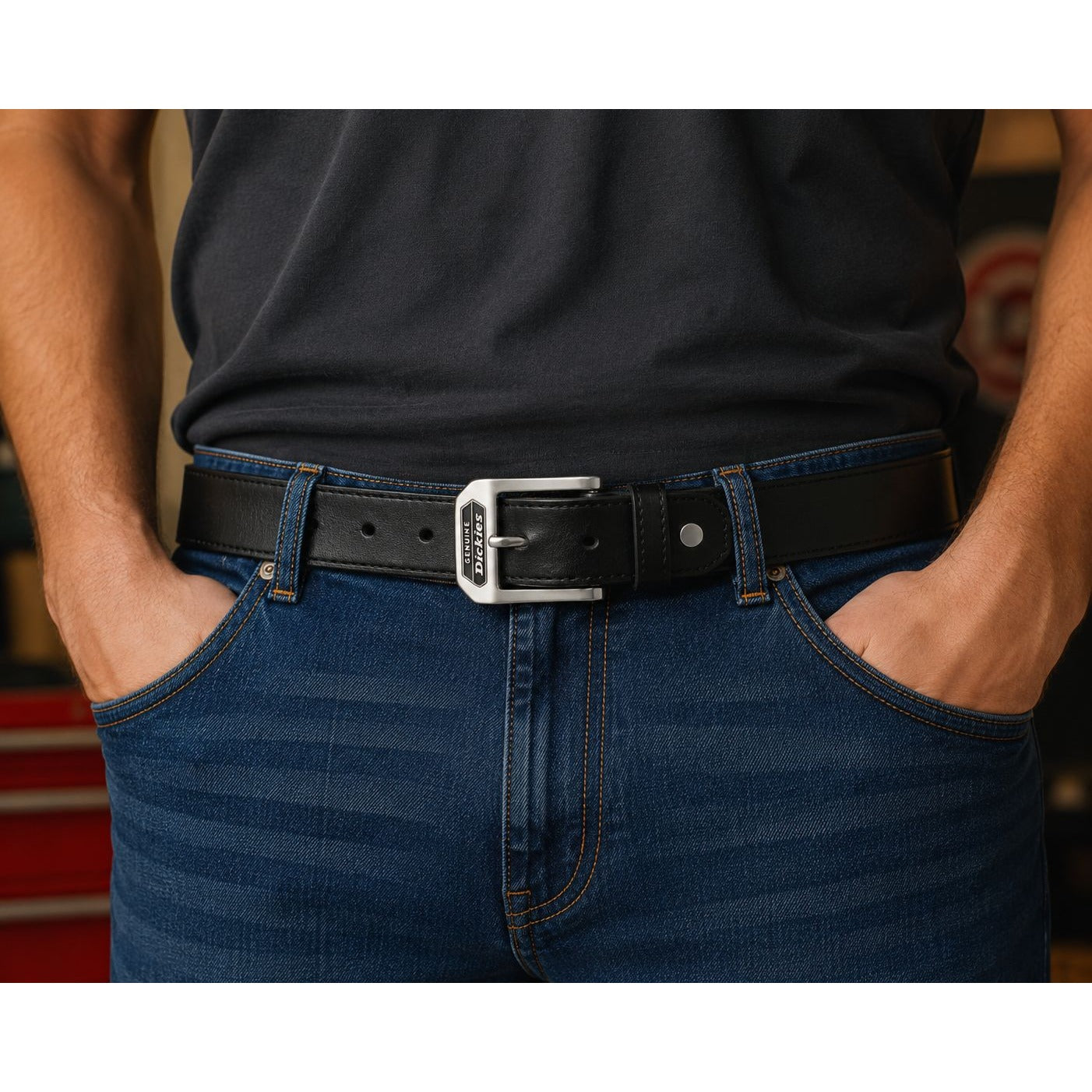 Dickies Genuine Leather Black Work Belt Silver Logo Buckle 43" x 1.5"