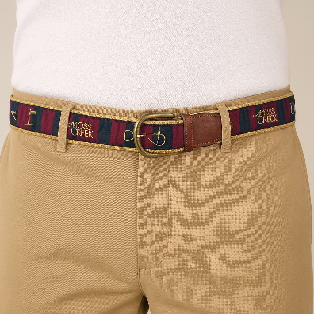 Moss Creek Golf Ribbon Belt by Leather Man Ltd. Exeter NH – 37” Woven Canvas & Leather