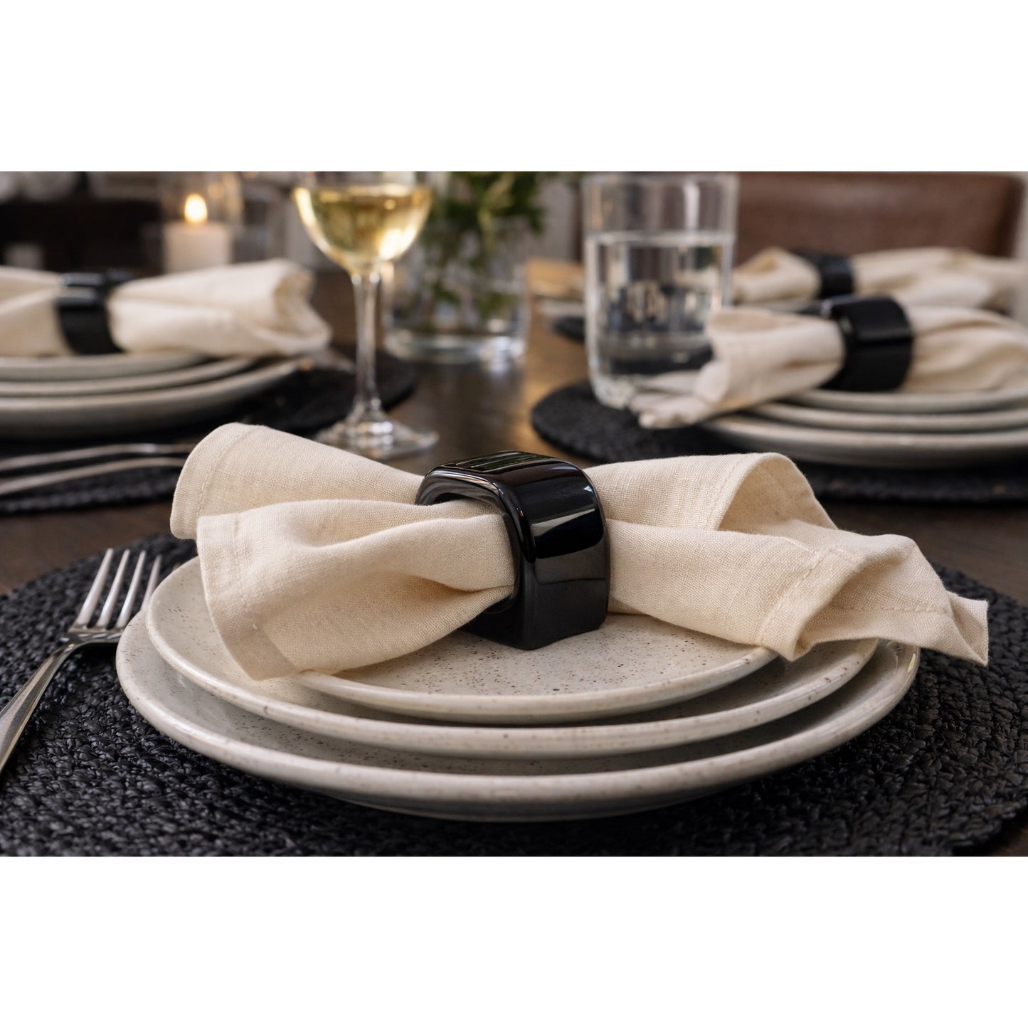 Vintage Pier 1 Black Ceramic Napkin Rings Set of 8 Japan Glossy