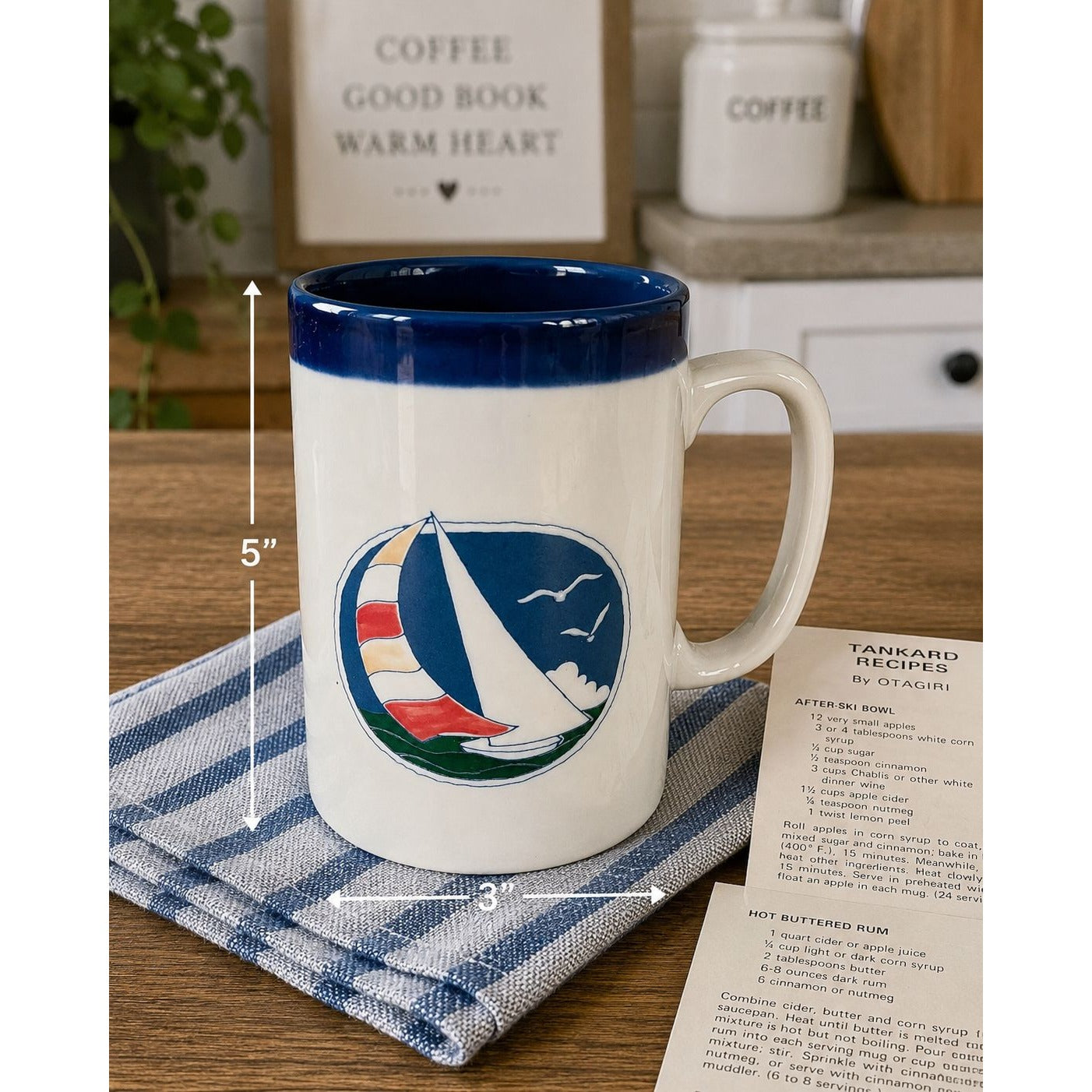 Vintage Otagiri Sailboat Tankard Mug Blue Nautical Coffee Cup with Original Recipe Cards