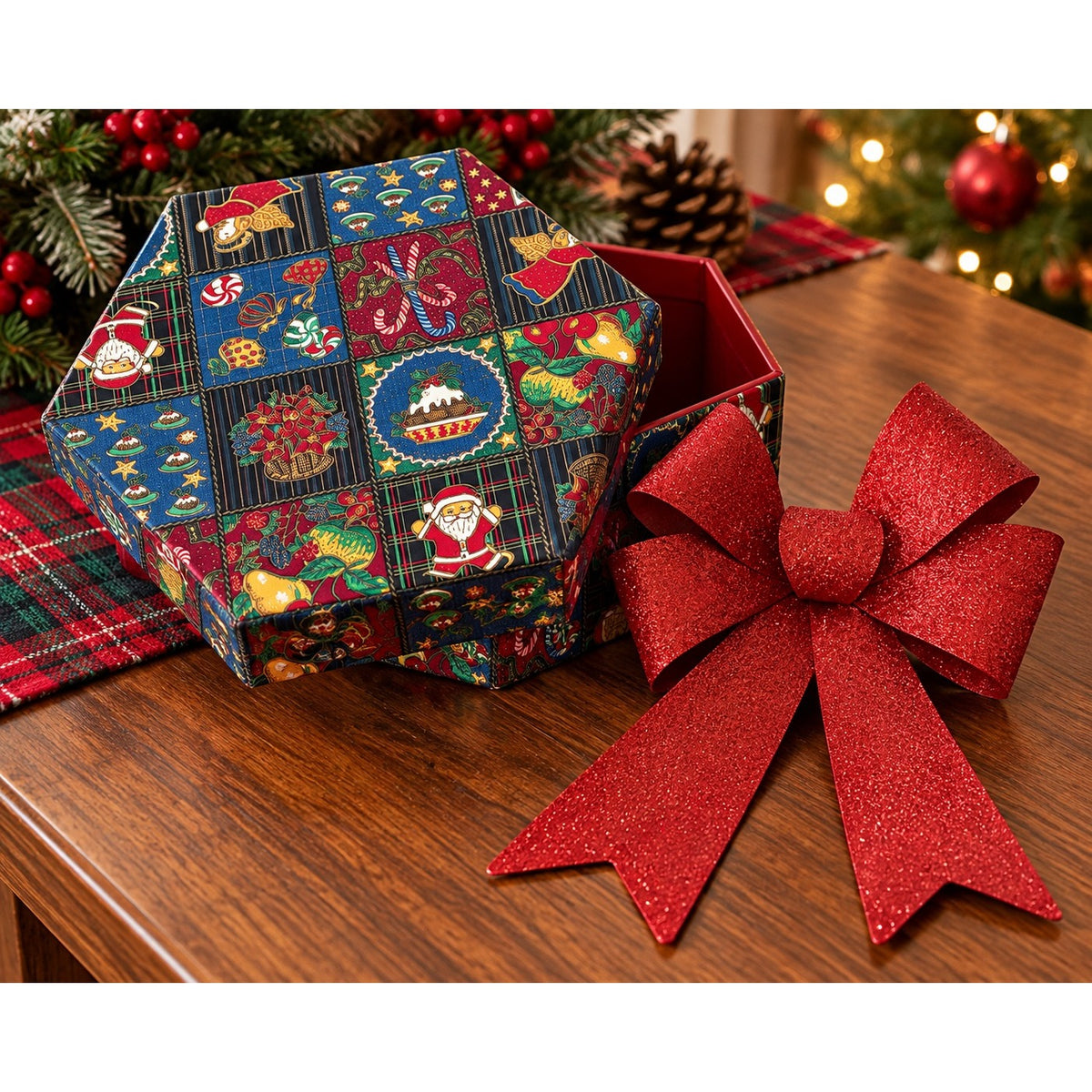 Vintage We’ve Got You Covered Christmas Fabric Gift Box Red Glitter Bow USA