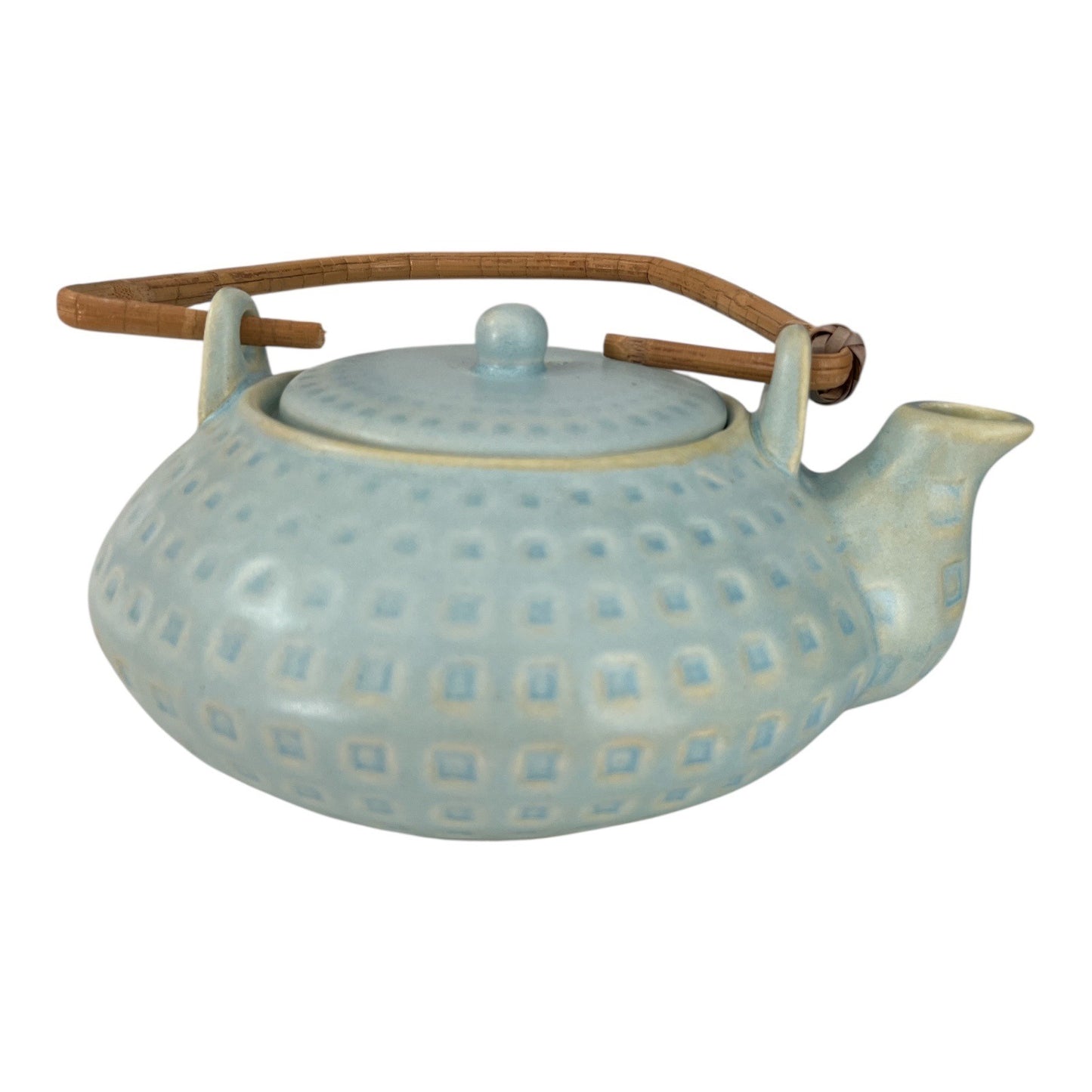 Pier 1 Blue Stoneware Teapot with Bamboo Handle – Textured Dotted Design