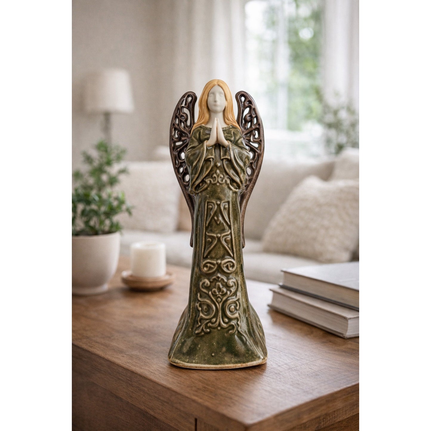 Ceramic Angel Figurine Earth Tone Glaze Praying Angel Sculpture 8 Inch