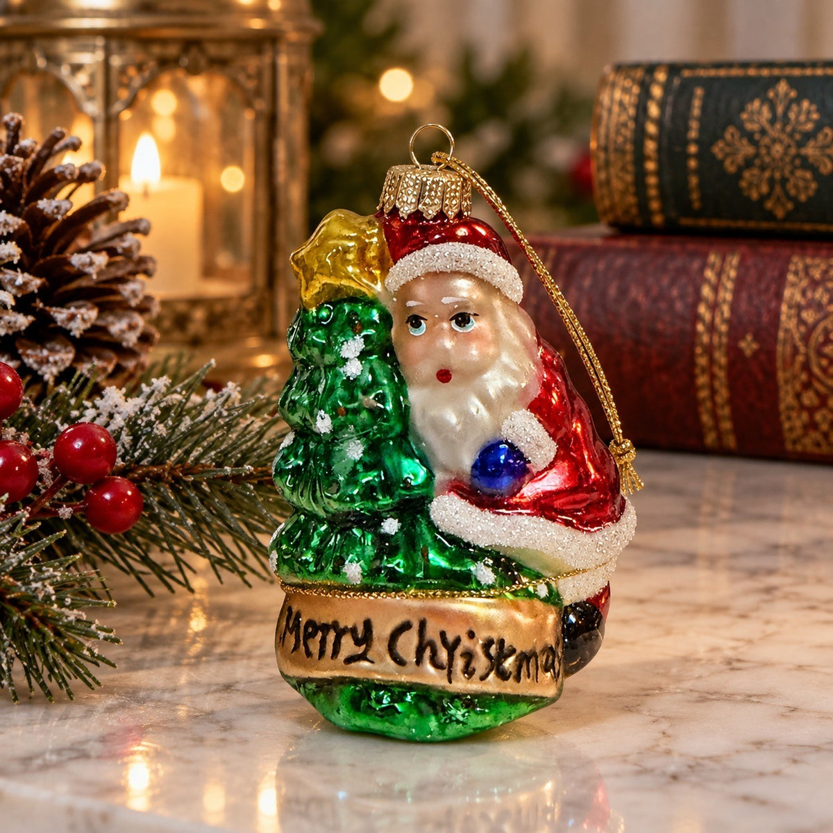 Vintage LB Santa Christmas Tree Blown Glass Ornament Merry Christmas With Case