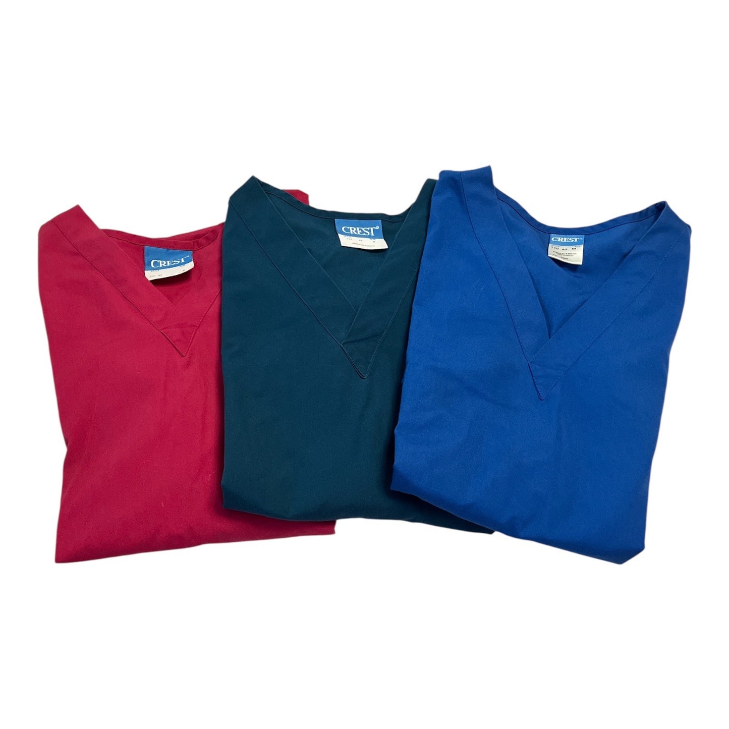 Set of 3 Crest Unisex Scrub Tops – Size S – Pink, Teal, Blue – 2-Pocket V-Neck Medical Uniform Shirts – 45" Chest