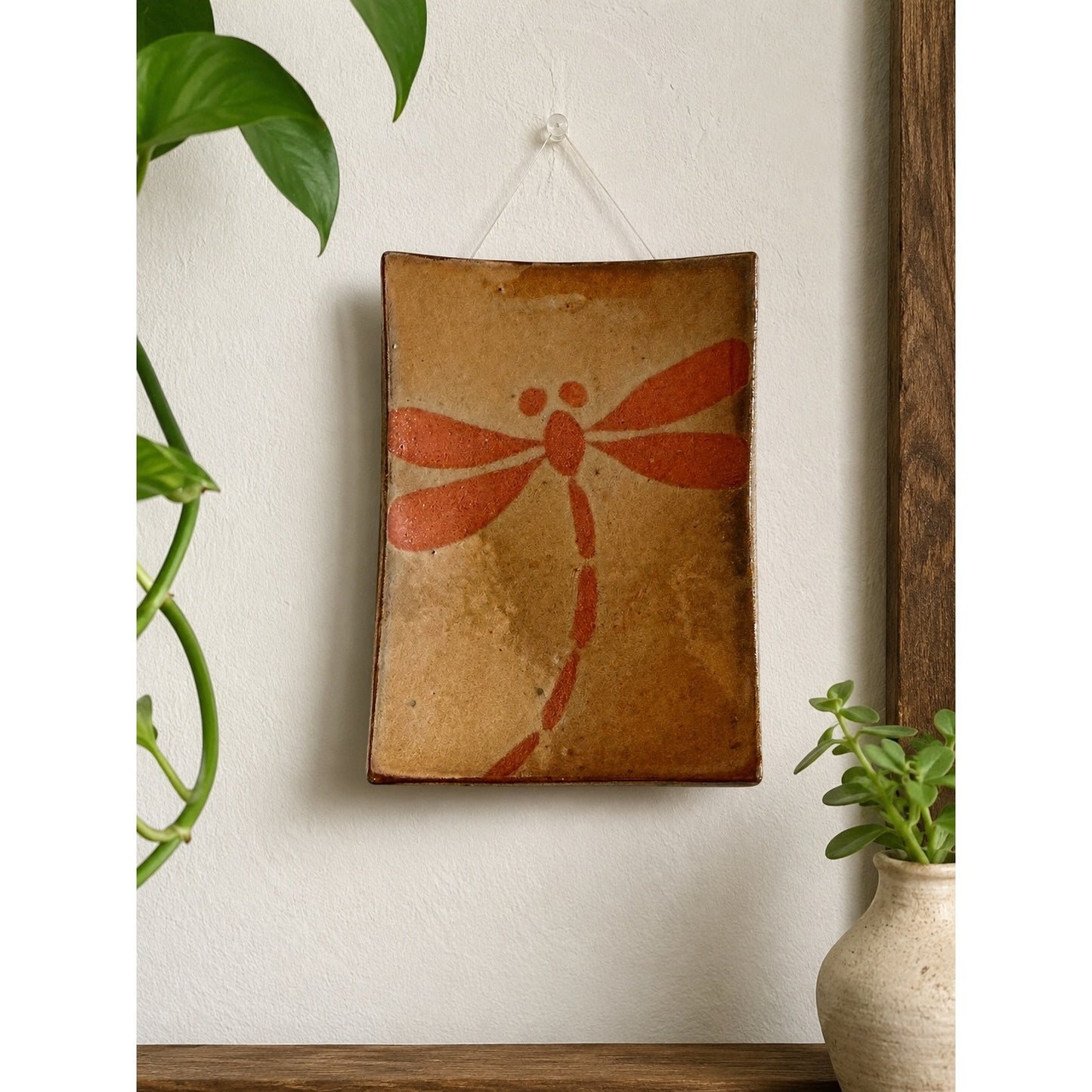 Handmade Studio Pottery Dragonfly Wall Hanging Trinket Dish Brown Orange 5.5" Rustic