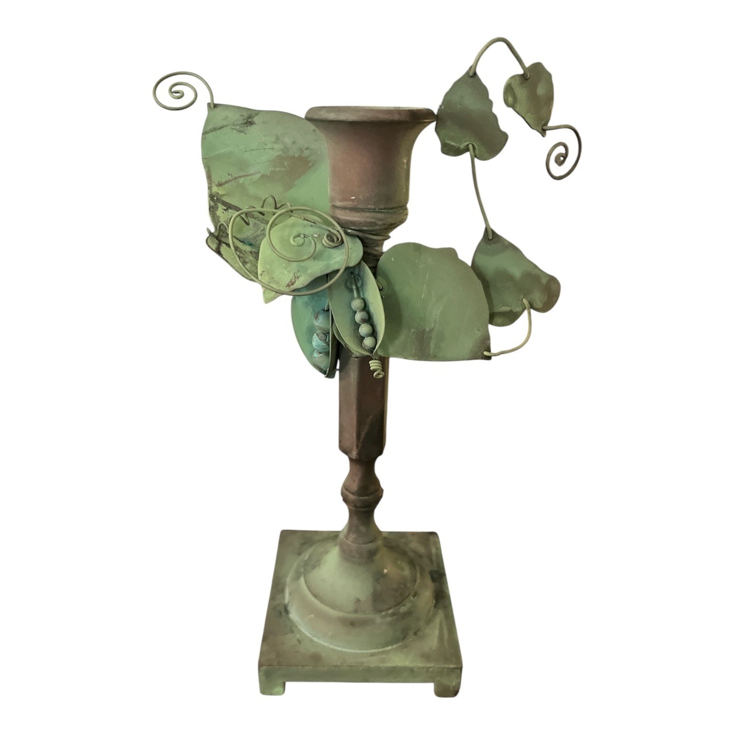 Vintage Solid Brass Candle Holders with Green Patina – Pea Pod & Vine Leaf Design – Set of 2