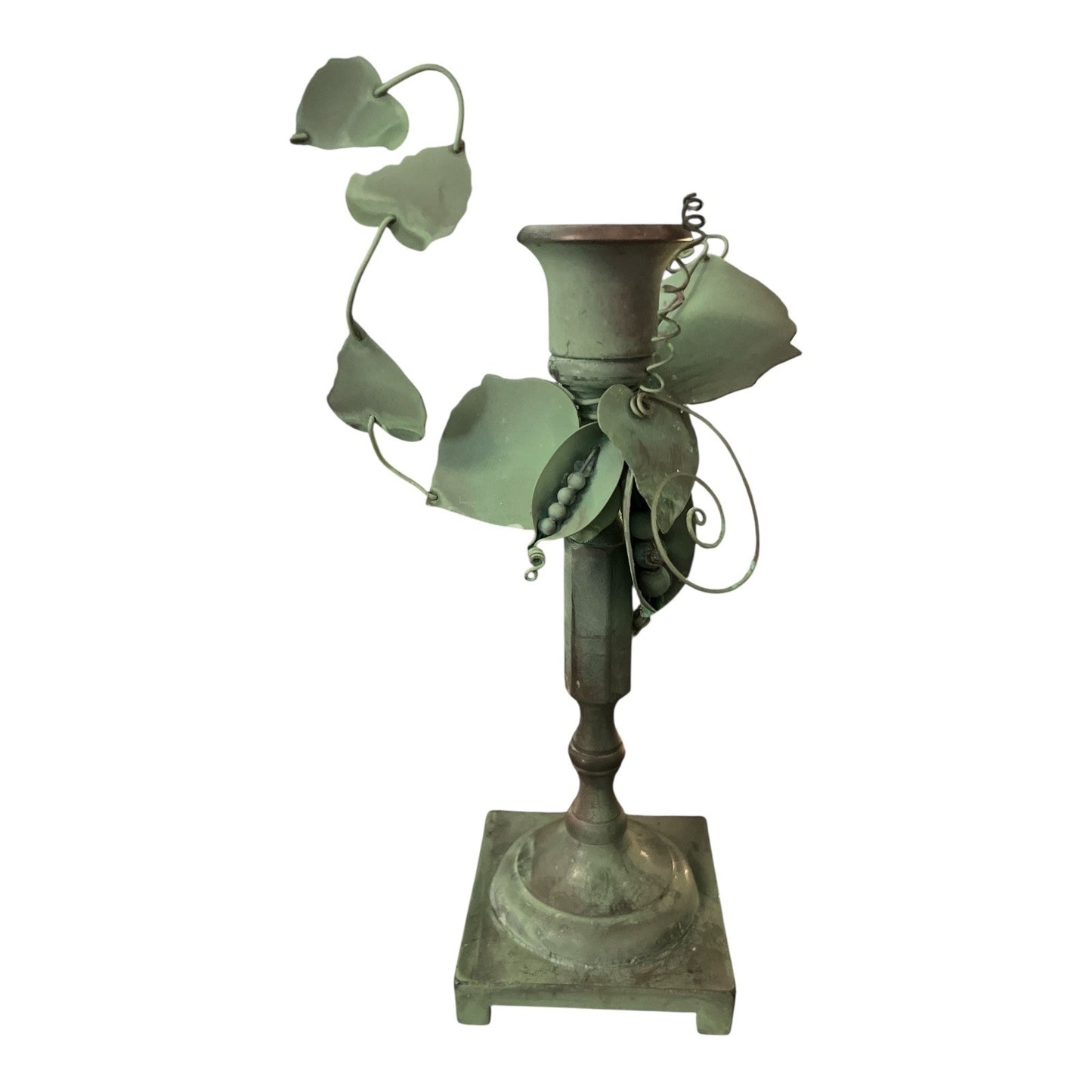 Vintage Solid Brass Candle Holders with Green Patina – Pea Pod & Vine Leaf Design – Set of 2