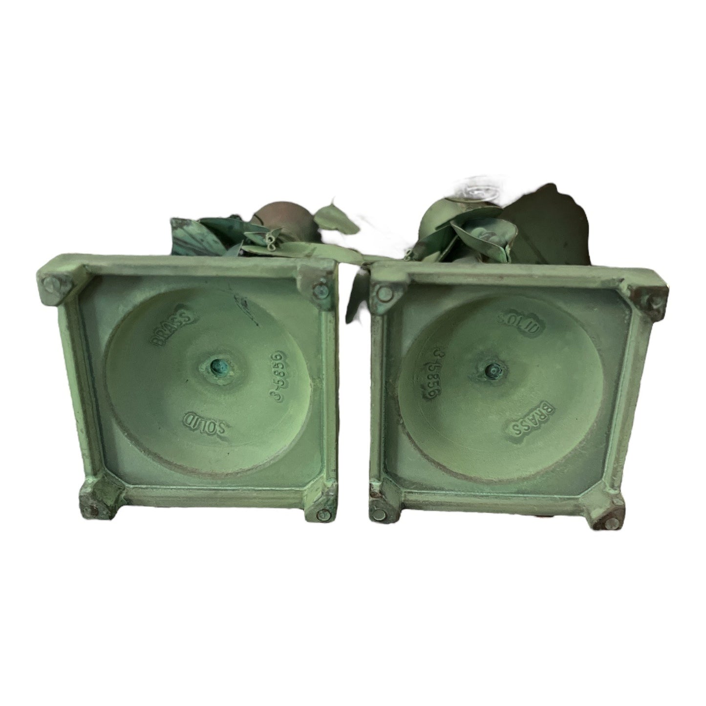 Vintage Solid Brass Candle Holders with Green Patina – Pea Pod & Vine Leaf Design – Set of 2