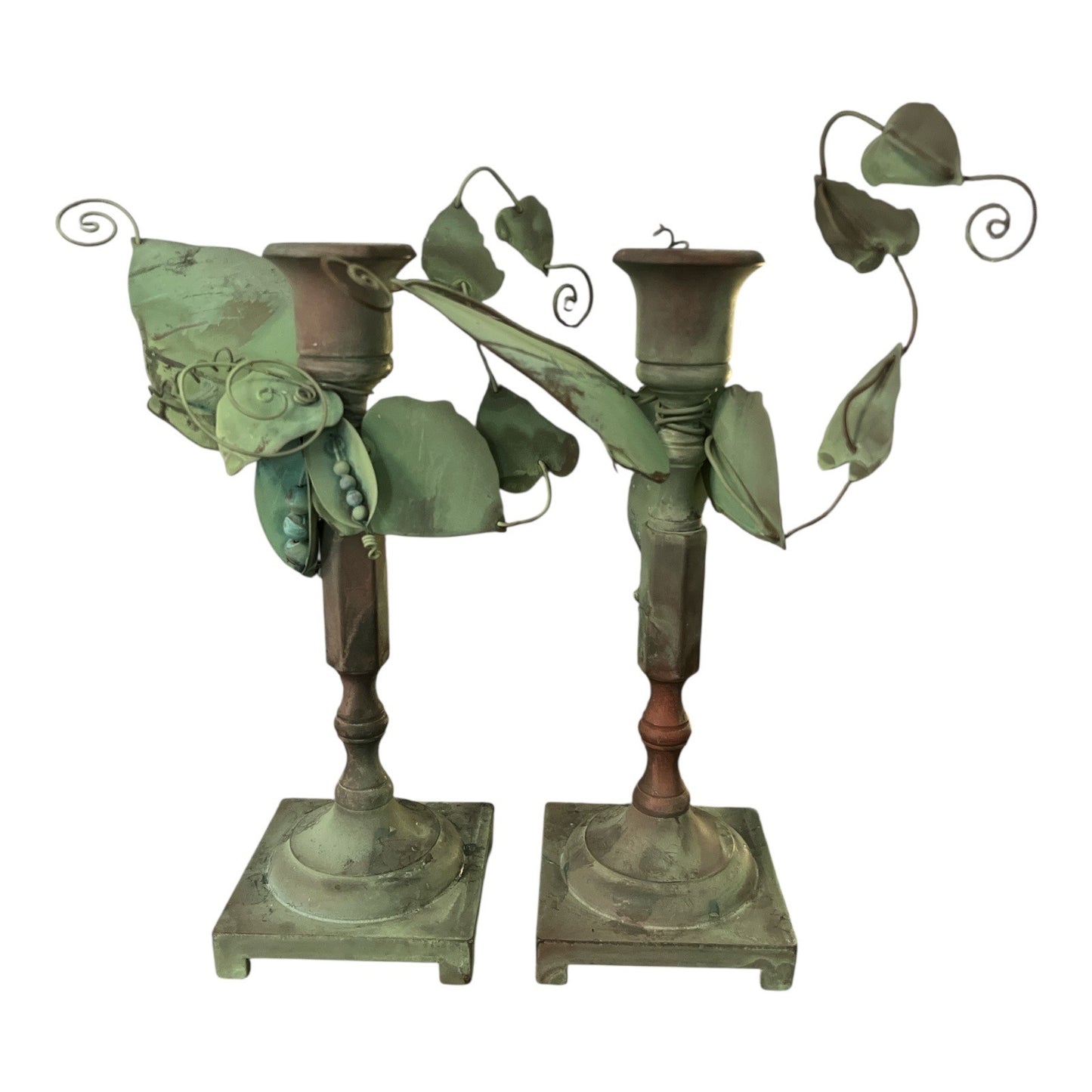 Vintage Solid Brass Candle Holders with Green Patina – Pea Pod & Vine Leaf Design – Set of 2