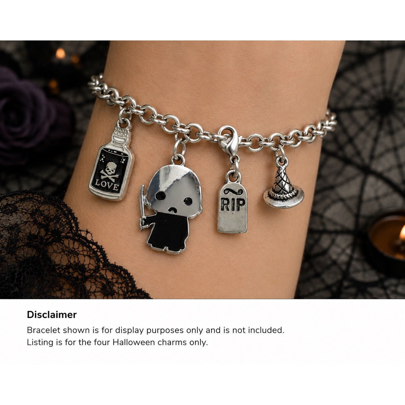 Halloween Horror Charm Lot of 4 Silver Tone Charms Michael Myers RIP Tombstone Potion Bottle Hat