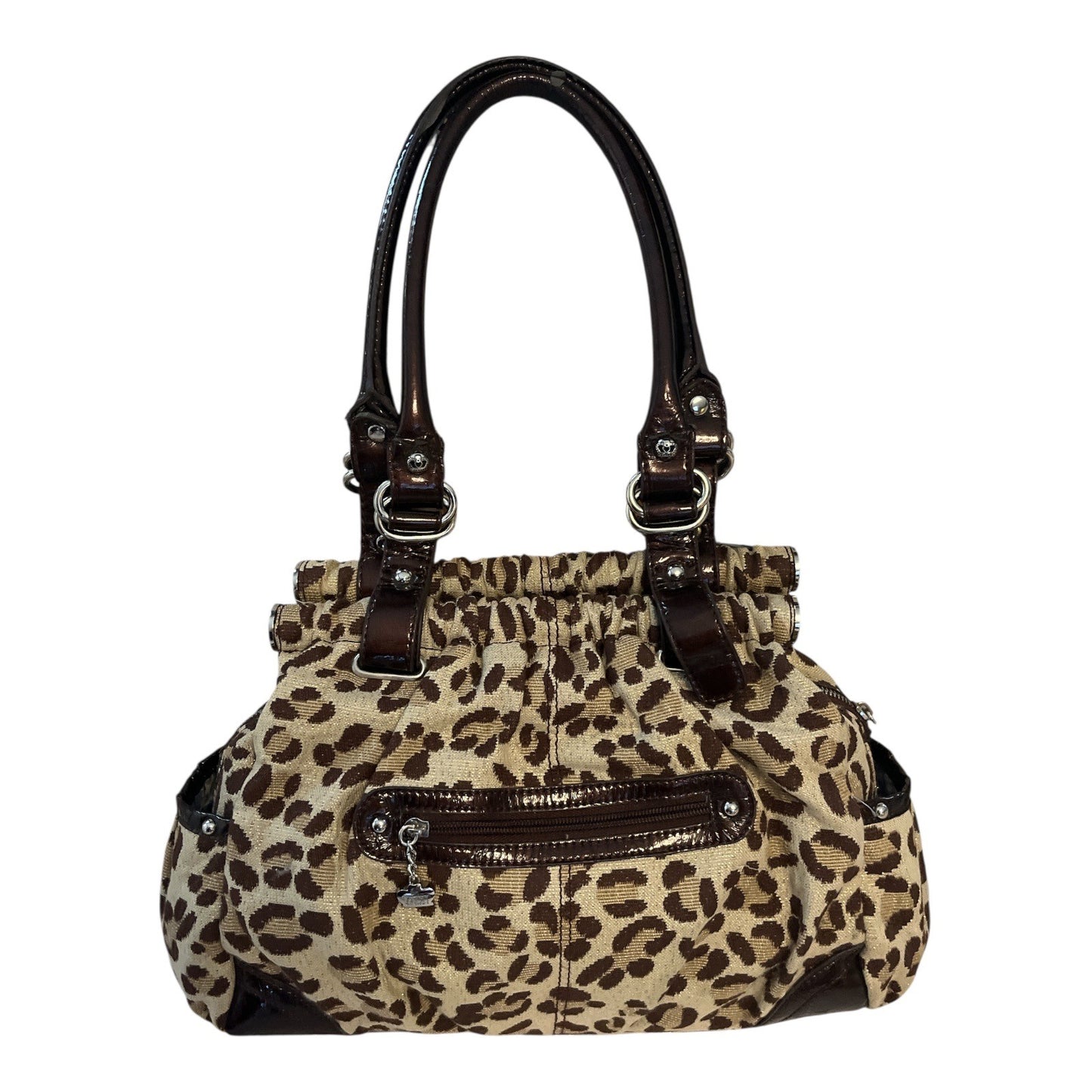 Kathy Van Zeeland Early 2000s Boho Leopard Print Satchel Purse – Gold Sparkle Fabric, Patent Trim, Crown Logo